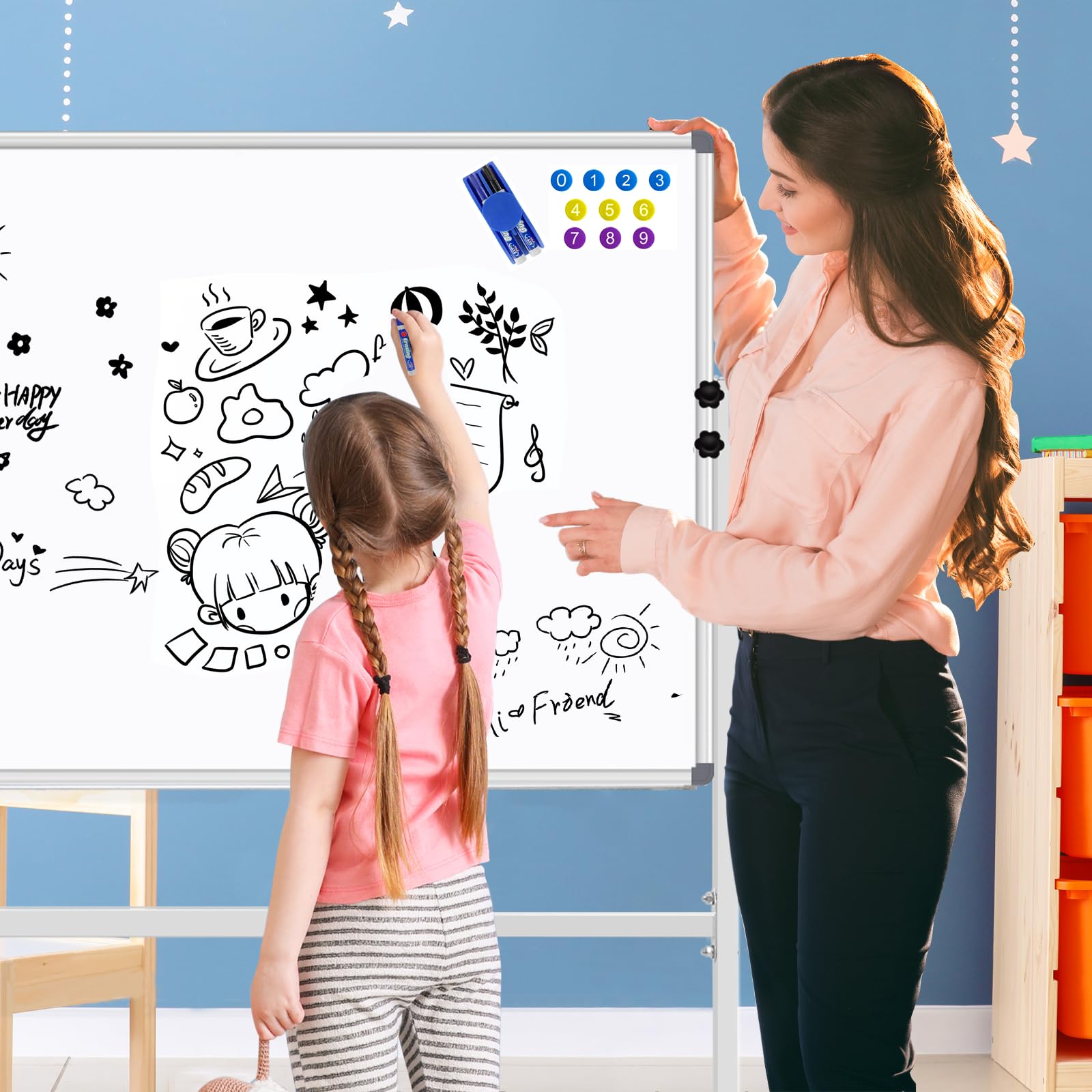 Adjustable Height 36x24 Dry Erase Whiteboard with Rolling Stand - Mobile Magnetic Whiteboard on Wheels for Office, Classroom & Home Use