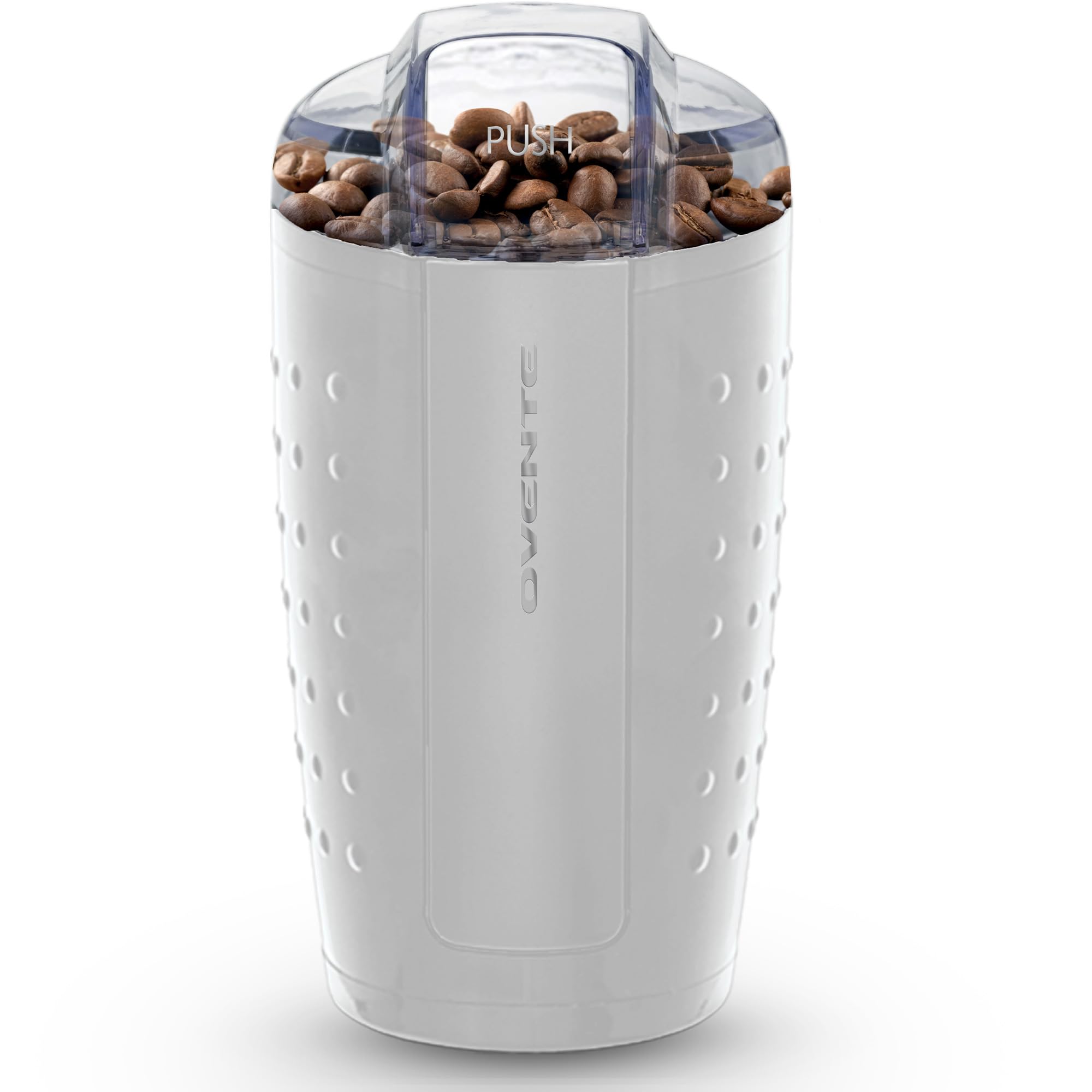 OVENTE Electric Coffee Grinder for Beans, Spices & Herbs - 2.5Oz Compact Stainless Steel Blade Mill with Pulse Button & Clear Lid - Perfect for Fresh Coffee, Spice Blends & Cooking - White CG225W