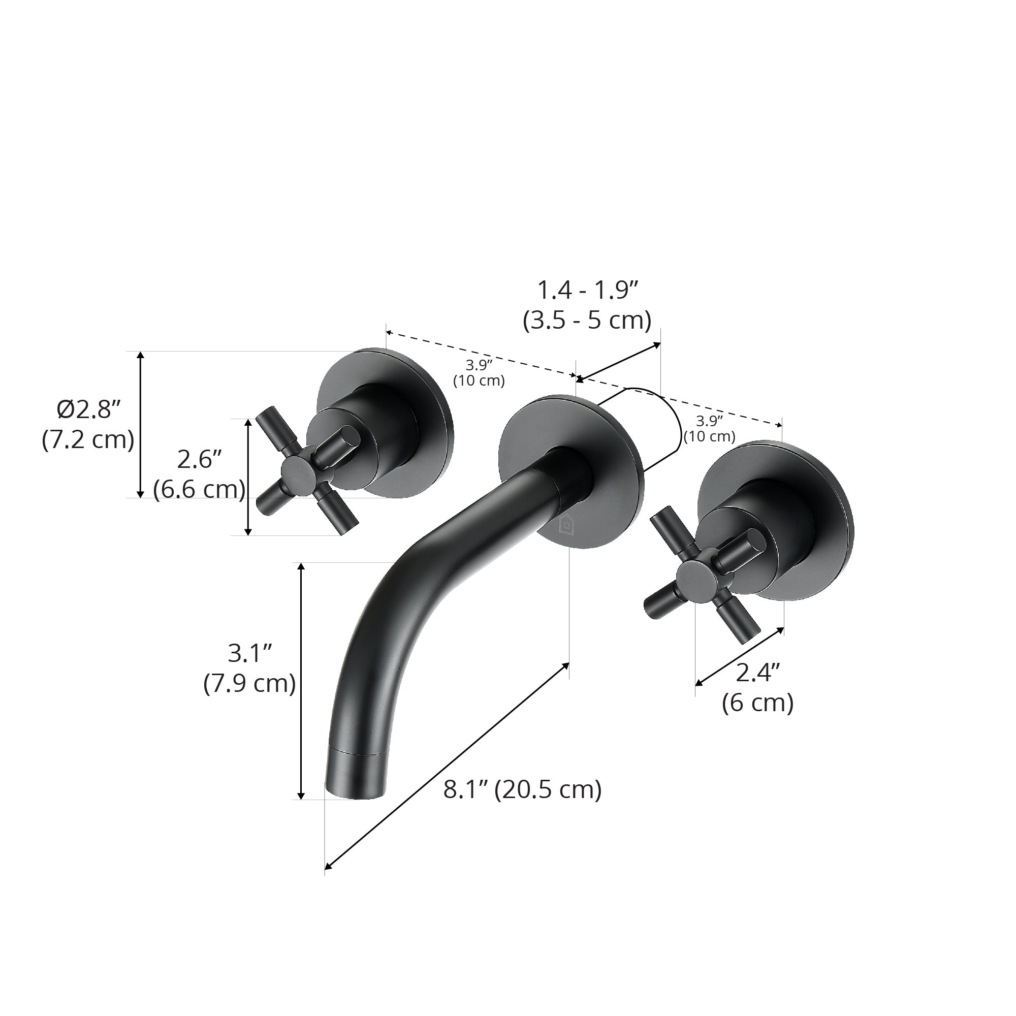Ancona Prima Matte Black Two Handle Wall Mounted Bathroom Faucet - Modern Waterfall Spout for Bathroom Sink, Vanity, Powder Room & Guest Bath Installation
