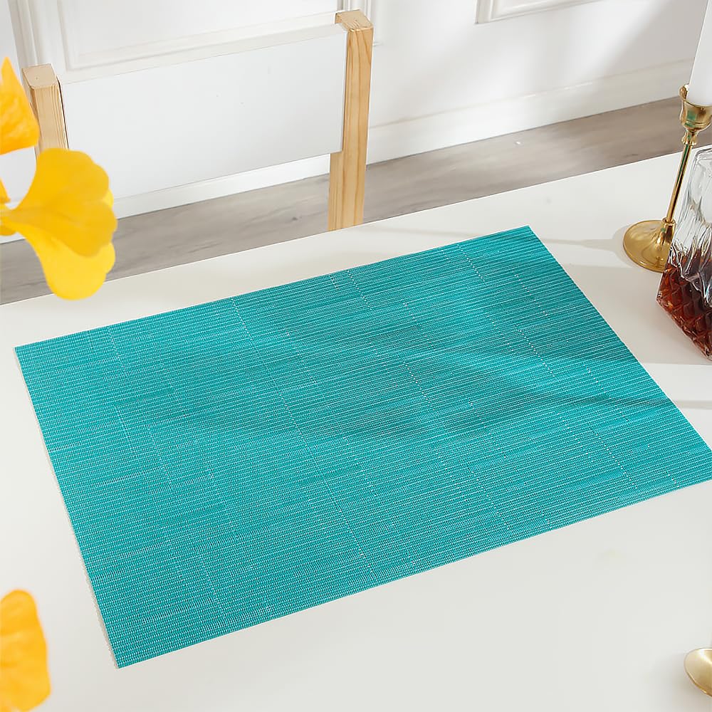 PIGCHCY Heat Resistant Placemats Set of 4 - Durable Washable Woven Vinyl Table Mats for Kitchen & Dining (18x12 Inches, Turquoise) - Perfect for Everyday Meals, Dinner Parties & Home Decor
