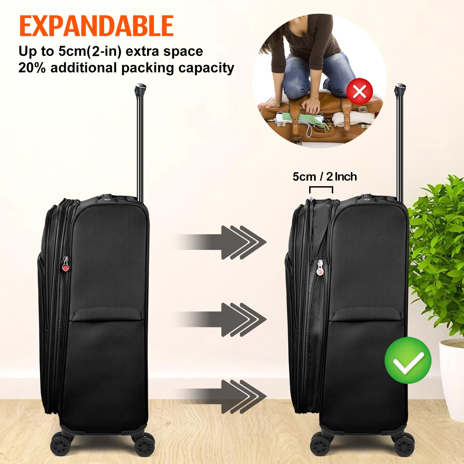 **Verdi 24-Inch Expandable Lightweight Spinner Luggage - Softside Suitcase for Travel (Black, Checked-Large) | Perfect for Weekend Trips & Business Travel**