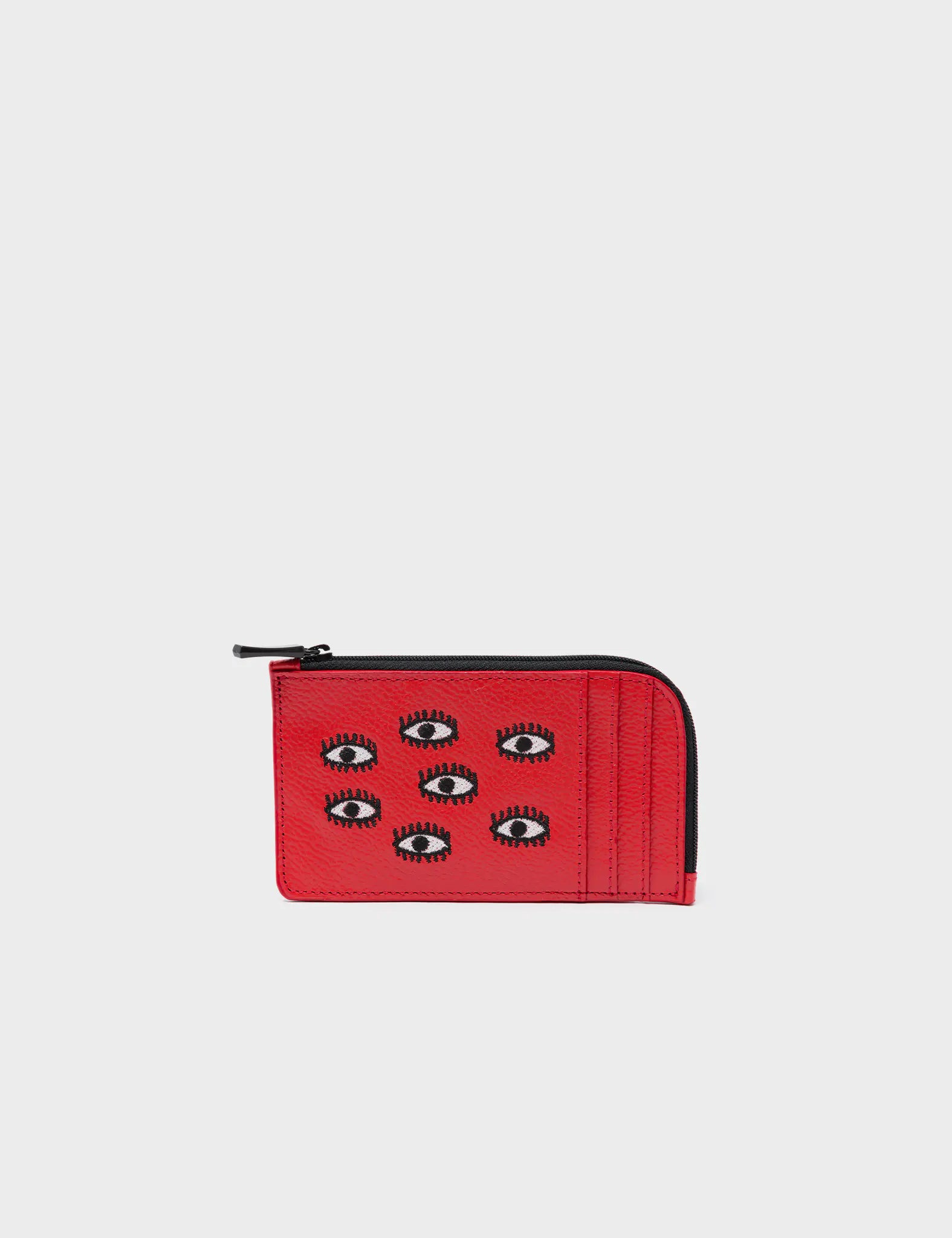 Fausto Poppy Red Leather Zip Around Cardholder with All Over Eyes Embroidery - Stylish RFID Blocking Wallet for Men & Women | Perfect for Travel, Business, and Everyday Use