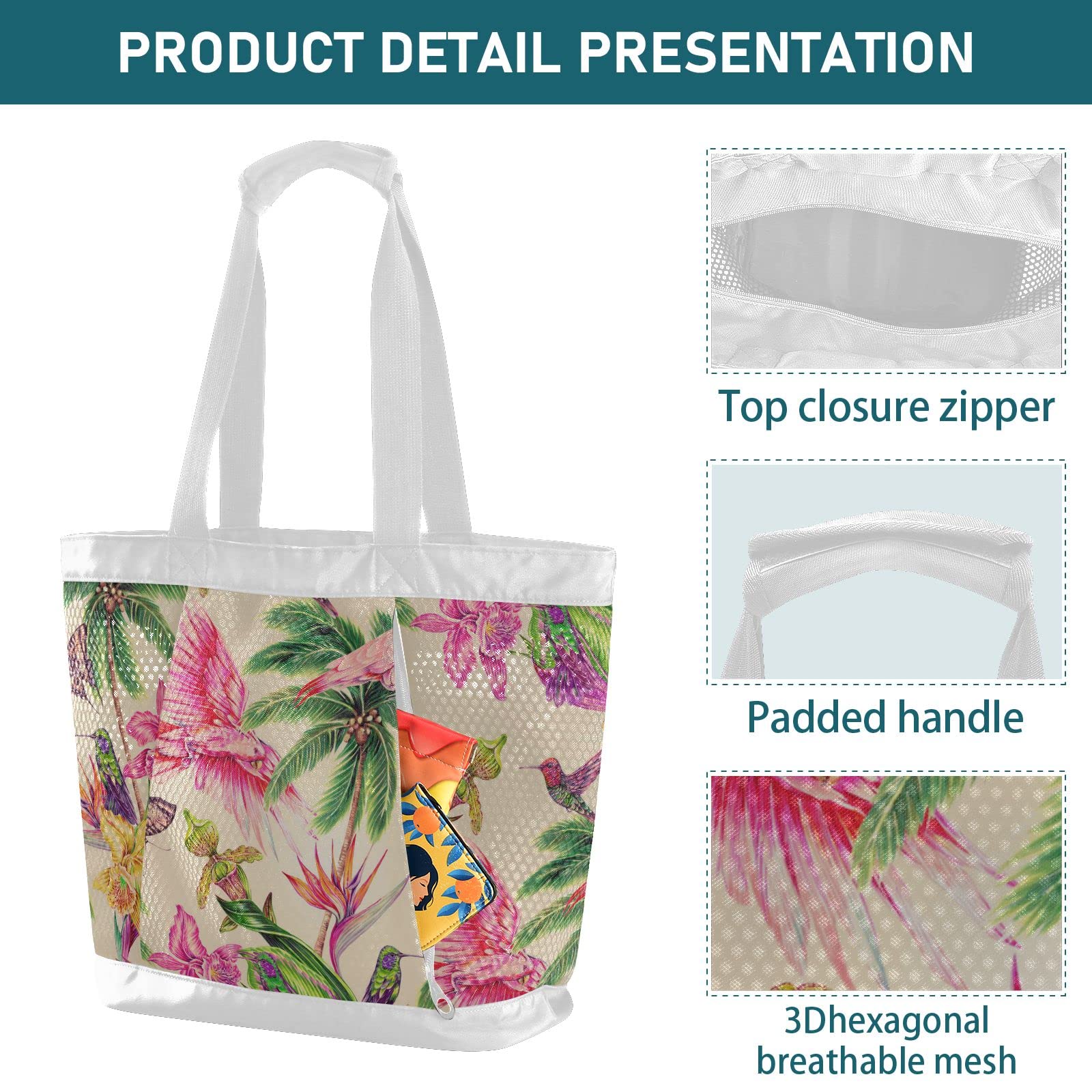 J JOYSAY Tropical Leaves Parrot Hummingbirds Mesh Beach Tote Bag - Large Waterproof Sandproof Gym & Beach Bag for Women - Perfect for Pool Parties, Vacation Travel & Summer Outings