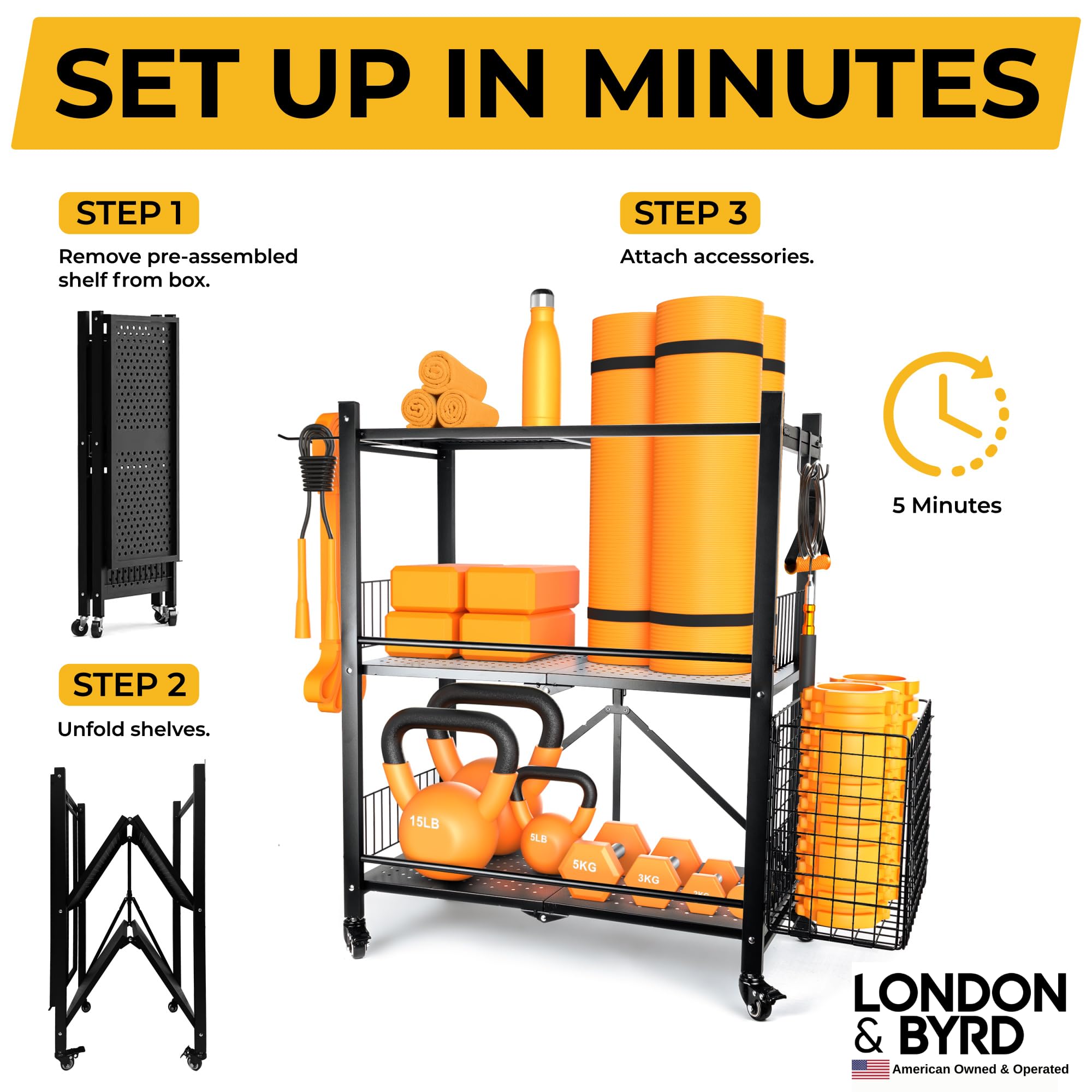 London & Byrd Heavy Duty Steel Home Gym Storage Rack with Wheels, Basket & Hooks - Quick Assembly in Minutes - Perfect for Yoga Mats, Kettlebells & Dumbbells - Ideal for Home Workouts & Garage Gym Organization