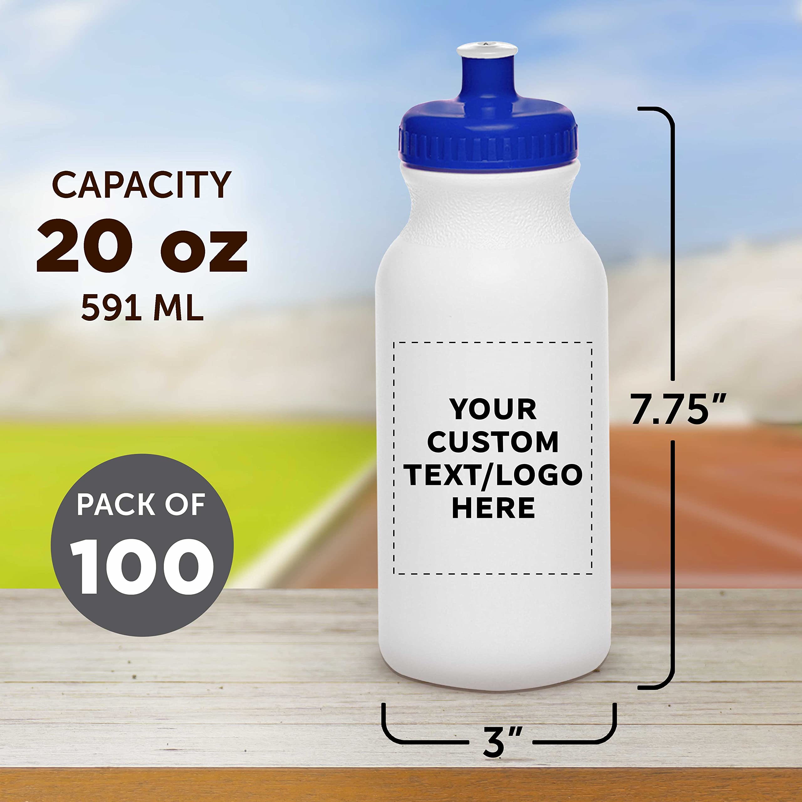Custom White Water Bottles with Push Cap - 100 Pack, Personalized Text & Logo, 20 oz BPA-Free Reusable Squeeze Bottles in Bulk (White/Blue) - Perfect for Promotions, Events, Gifts & Corporate Branding