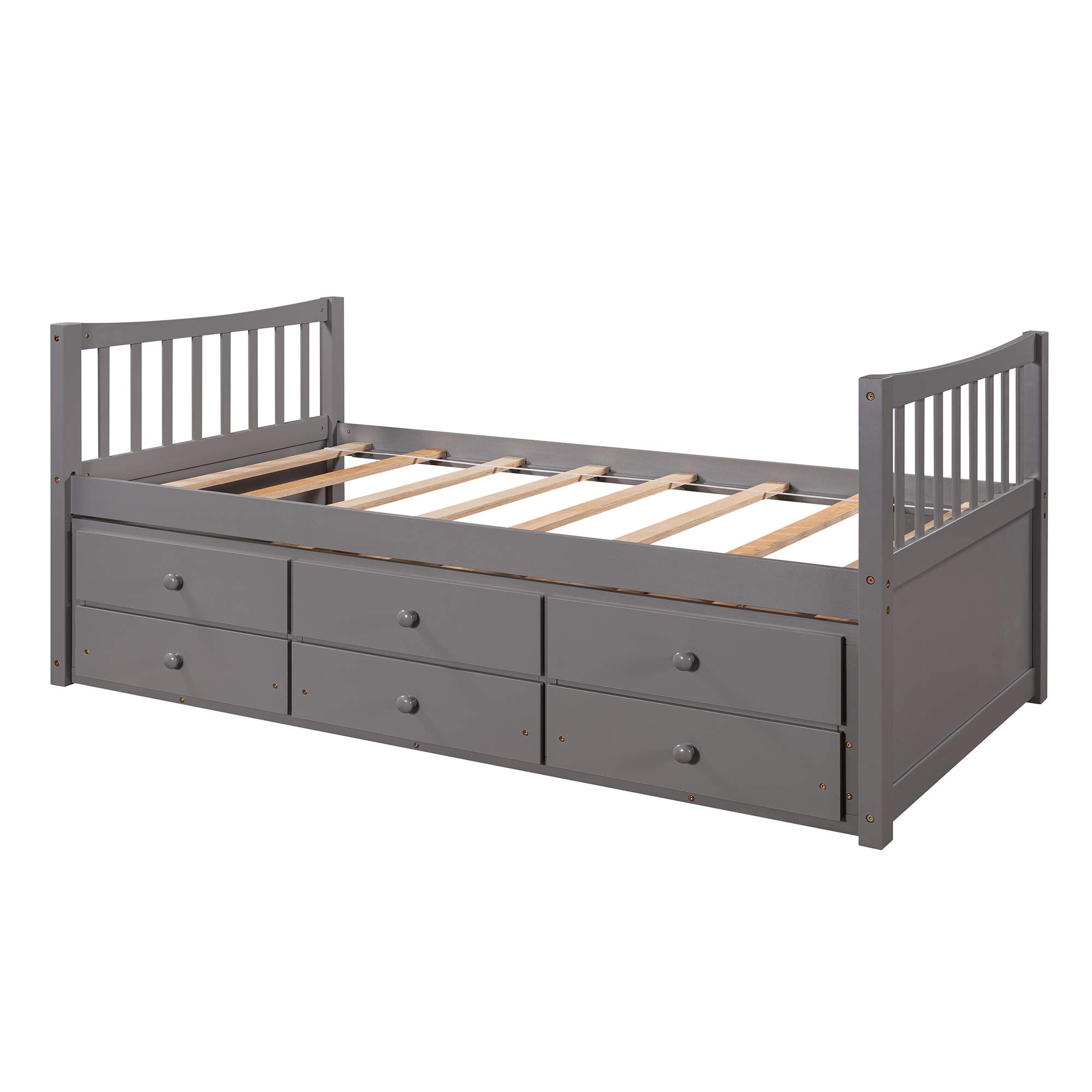 Twin Captain's Bed with Trundle & 3 Storage Drawers - Wood Platform Bed Frame with Headboard & Footboard for Kids, Teens & Adults - No Box Spring Needed - Easy Assembly - Grey - Perfect for Small Bedrooms, Guest Rooms & Dorm Rooms