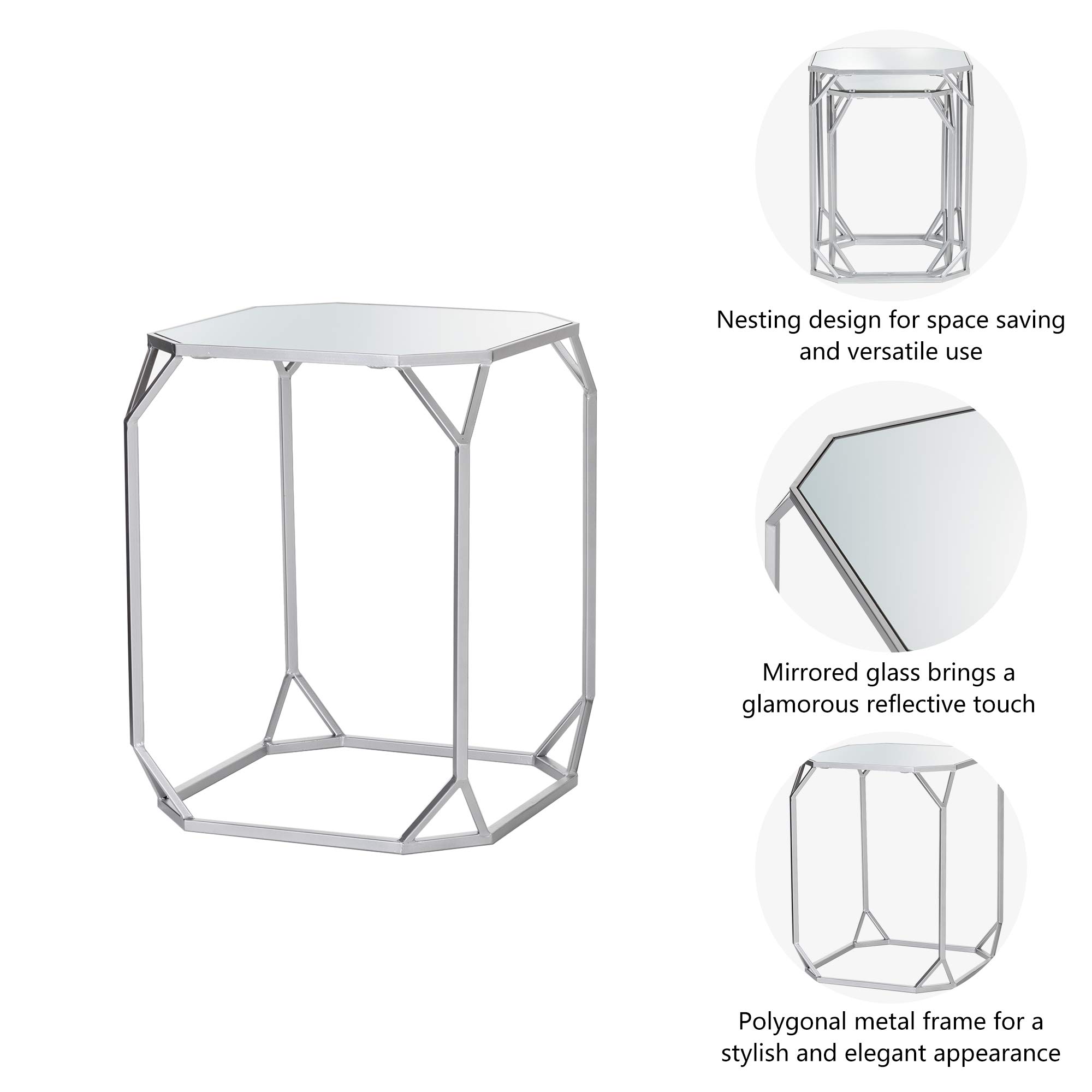 Glitzhome Set of 2 Silver Nesting Coffee Tables - Modern Accent Side End Tables for Living Room, Bedroom, Home Office & Patio - Perfect as Plant Stand or Chairside Table