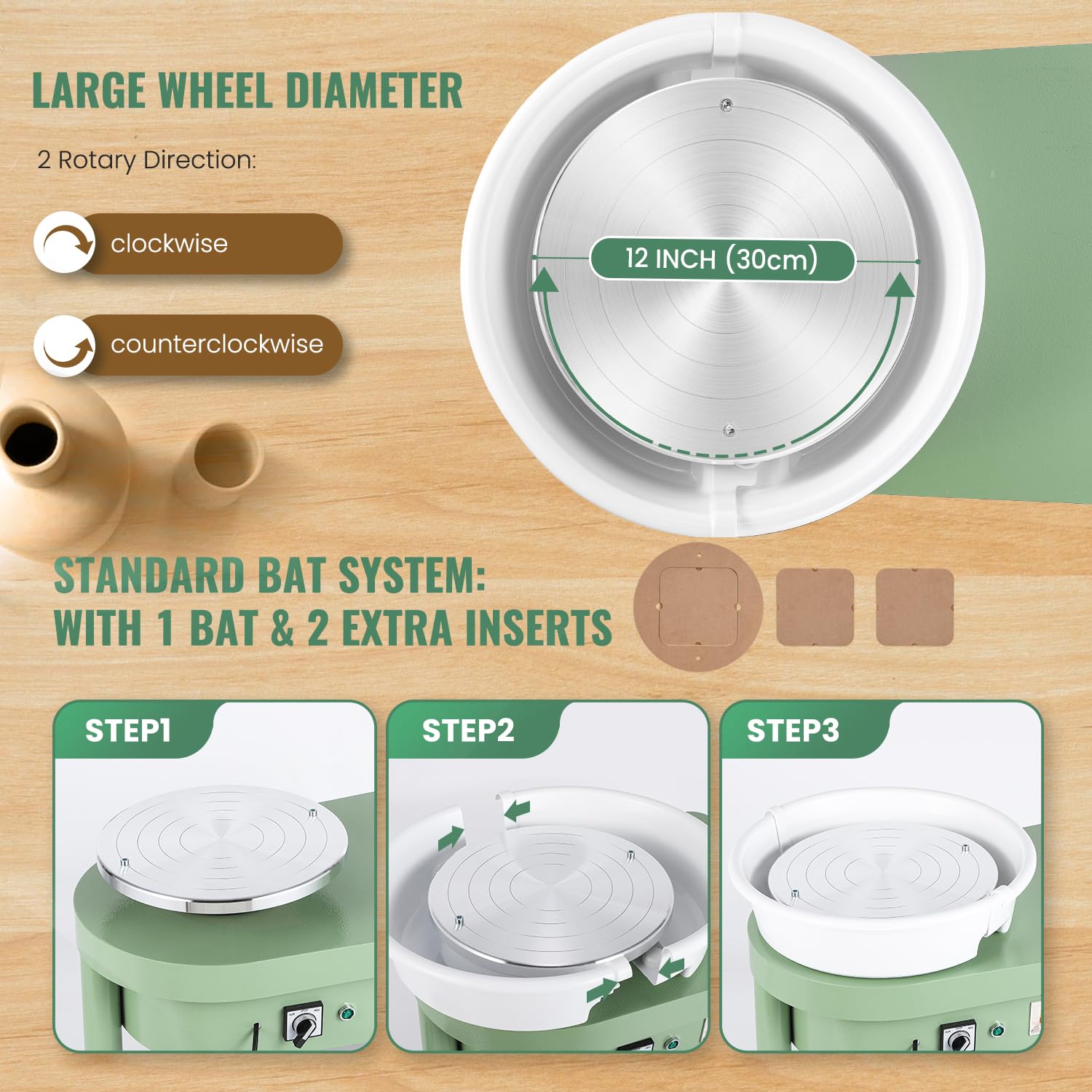 Huanyu 12-Inch Electric Pottery Wheel with Bat System & Foot Pedal - Ceramic Clay Forming Machine for DIY Sculpting, Art Projects - Perfect for Home Studios, Classroom Use & Professional Ceramic Artists