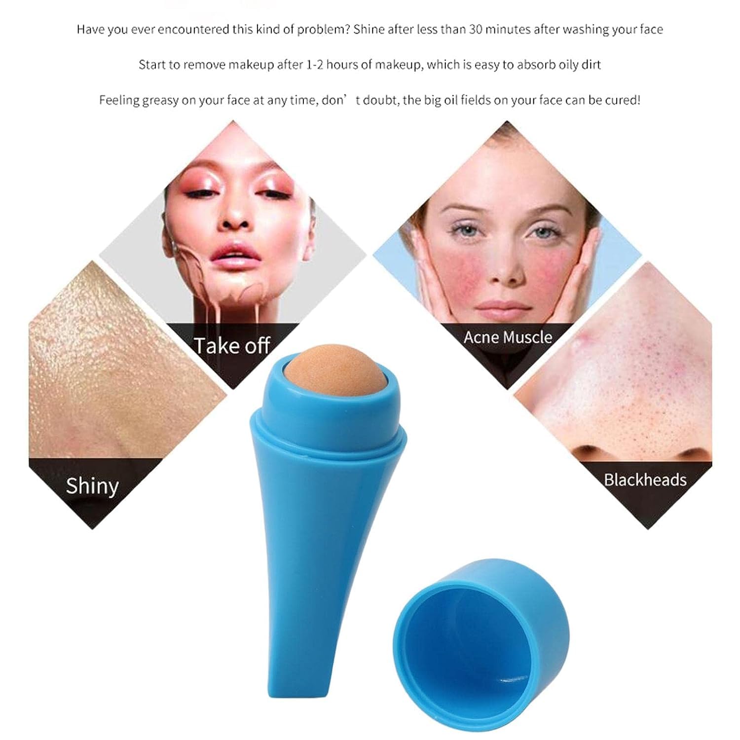 Volcanic Stone Face Roller for Oily Skin - Blue Reusable Oil Absorbing Tool for Acne & Pore Care - Perfect for Daily Skincare & Makeup Prep