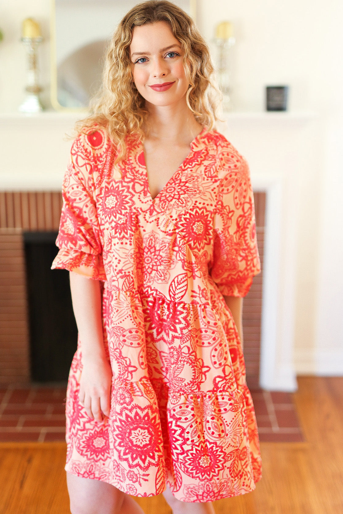 Stylish Peach & Coral Boho Floral V-Neck Dress for Women | Summer Beach Wedding, Vacation & Party Outfit