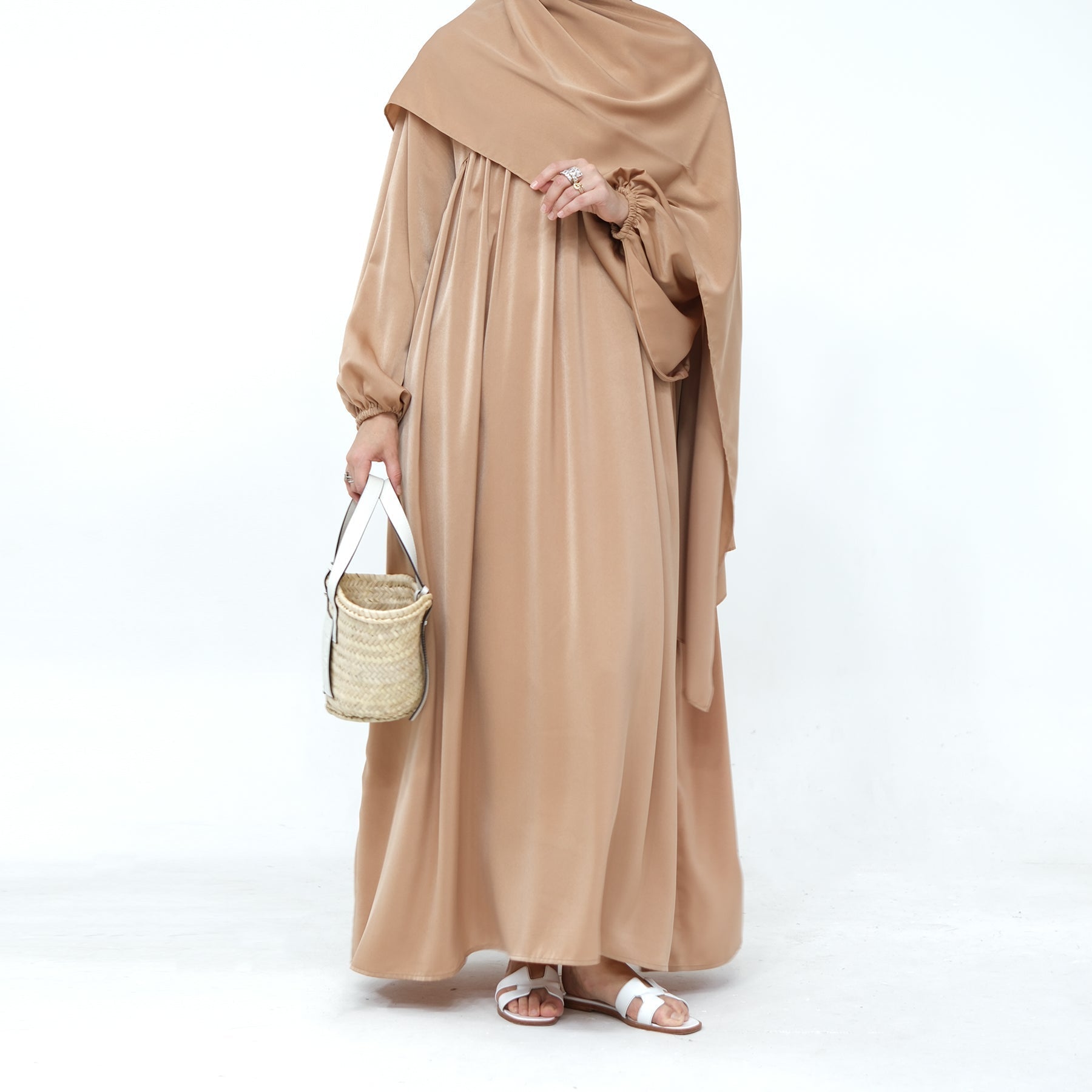 Amelia Satin Abaya Set in Camel Color - Modest Muslim Prayer Dress for Women | Perfect for Eid, Ramadan & Special Occasions