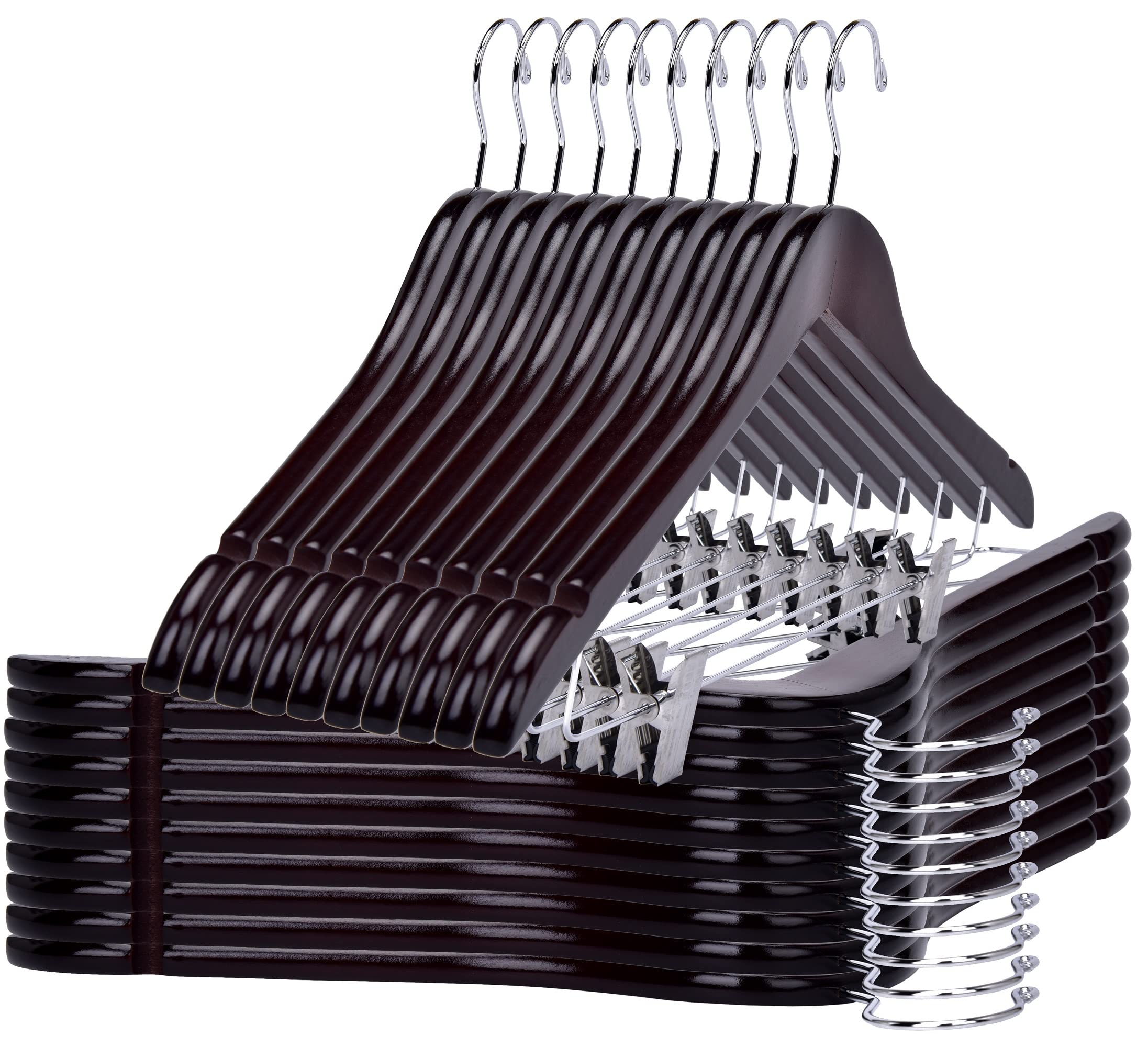 Premium 80-Pack Mahogany Wooden Skirt & Pants Hangers with Adjustable Chrome Metal Clips & Swivel Hook - Heavy Duty Clothes Hangers for Coats, Jackets, Blouses & Suits - Perfect for Closet Organization & Retail Display (Mahogany, 80)