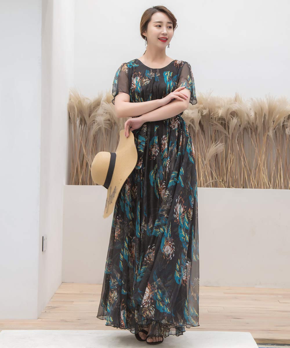 MedeShe Women's Short Sleeve Floral Bohemian Maxi Dress - Summer Beach Dress for Vacation, Party & Casual Wear