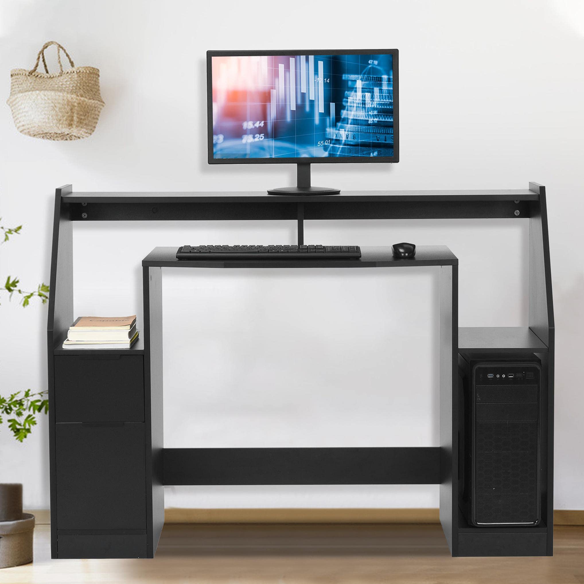 Qianglin Black Computer Desk with Drawers - Modern Home Office Desk, Study Table & Gaming Desk with LED Lights - Compact Workstation for Small Spaces, Perfect for Remote Work, Online Classes & PC Gaming