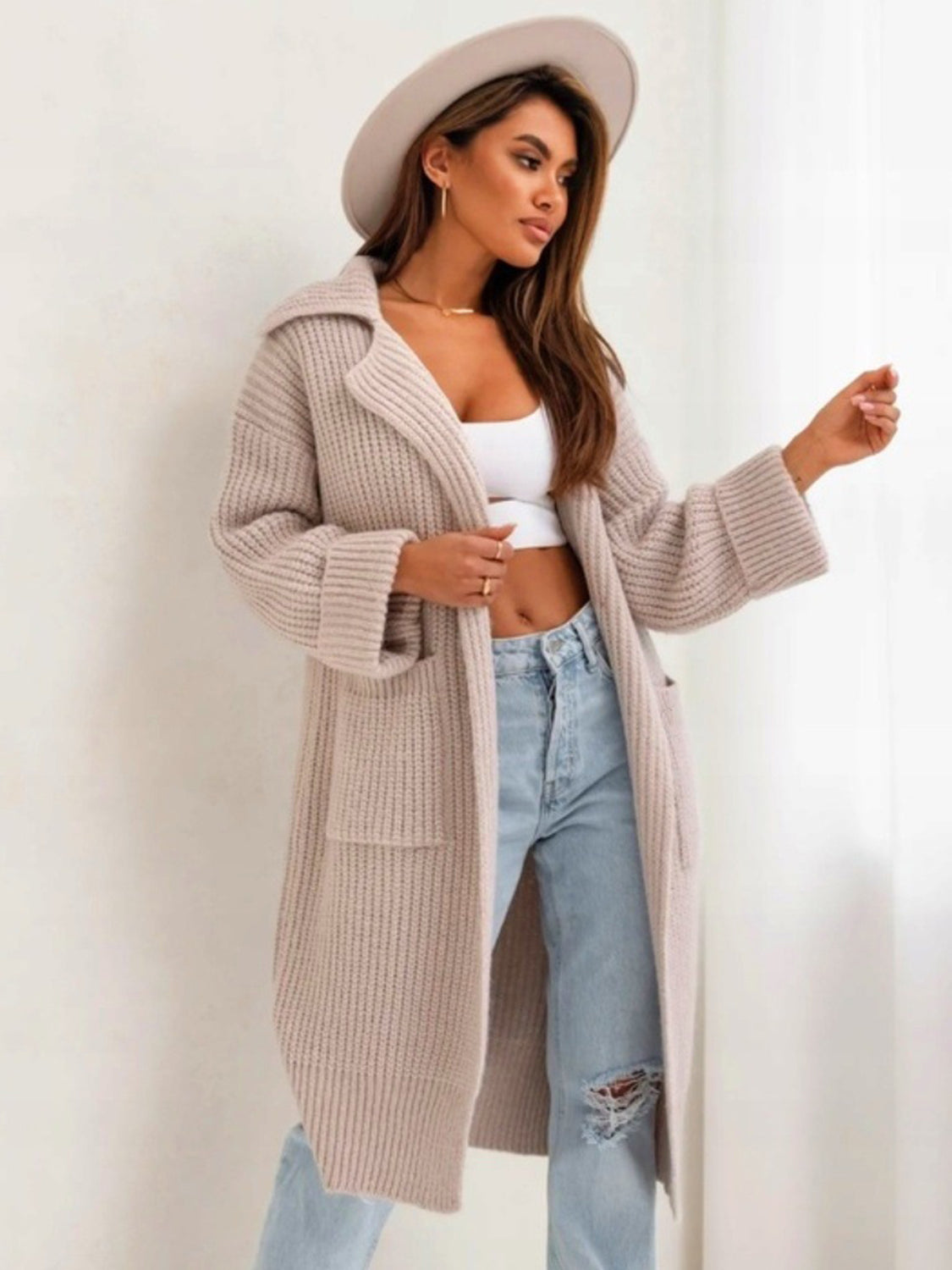 Women's Stylish Pocketed Collared Neck Drop Shoulder Cardigan Sweater - Perfect for Office Wear, Casual Outfits & Fall Layering