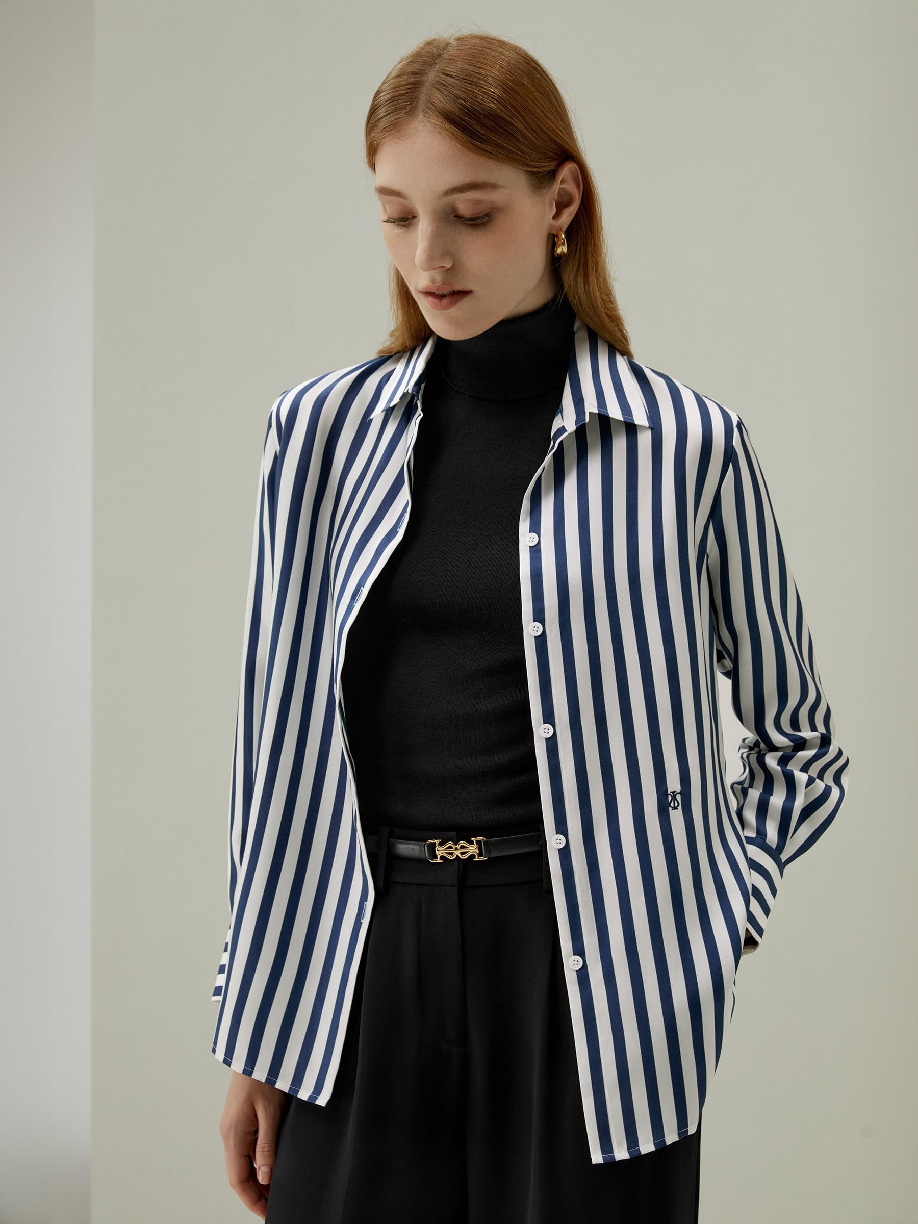 LilySilk Women's 100% Pure Silk Blouse - V-Neck Long Sleeve Blue & White Pinstripe Shirt for Work, Office, and Casual Wear | All-Season Comfort & Elegance | Perfect for Business Meetings, Date Nights, and Professional Outfits