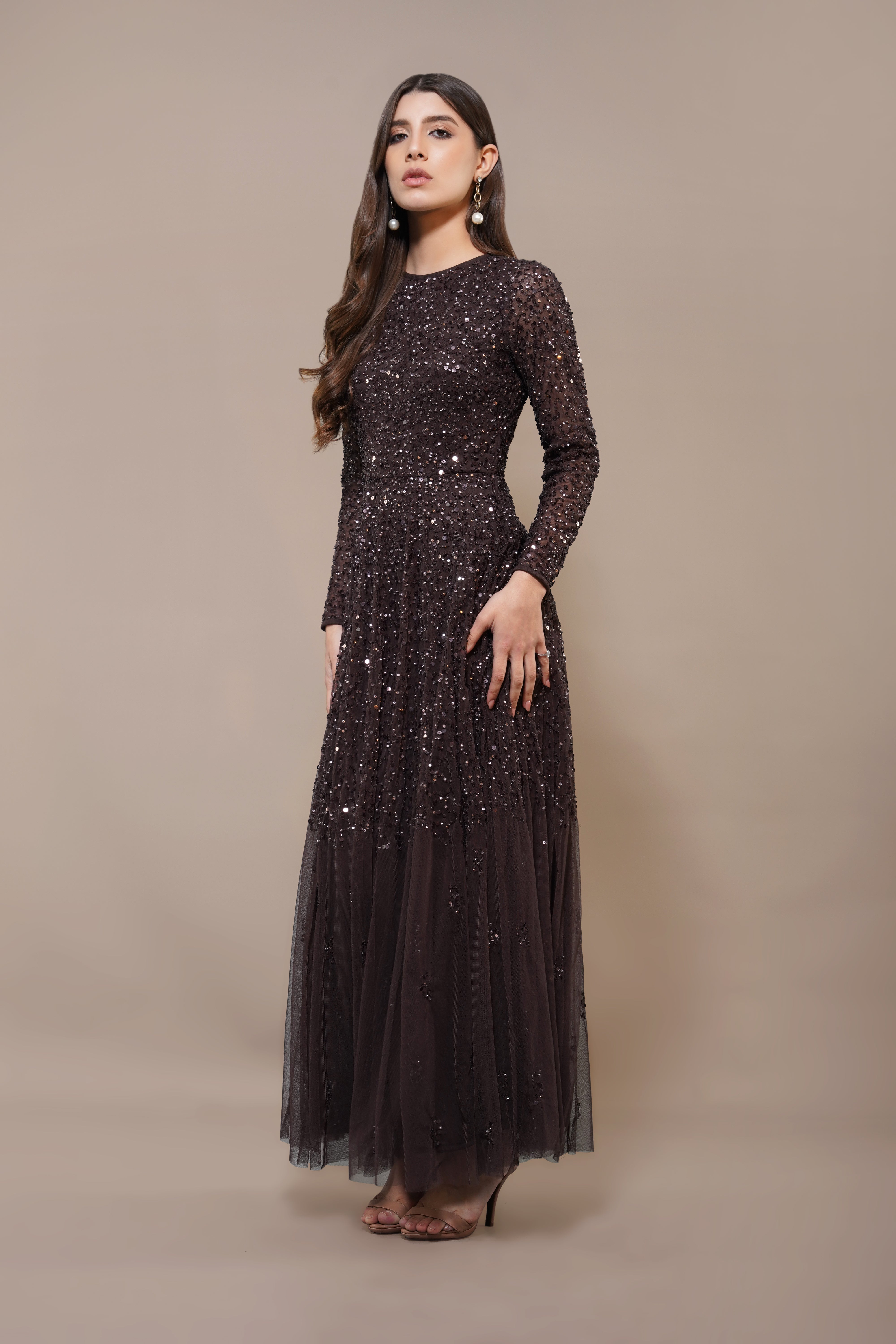 Elegant Coffee Brown Embellished Long Sleeve Maxi Dress for Women - Perfect for Weddings, Parties & Evening Events