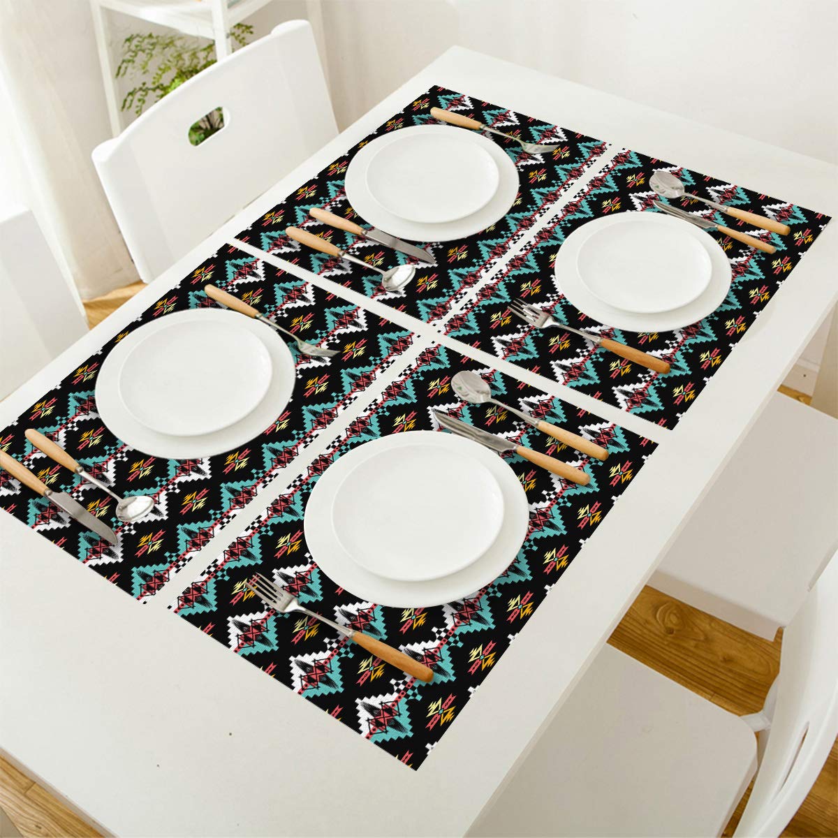 Premium Native American Table Mats Set of 6 - Non-Slip Linen Placemats with Aztec Geometric Patterns for Dining Table, Washable & Easy to Clean - Perfect for Thanksgiving, Christmas Dinner, and Ethnic Home Decor