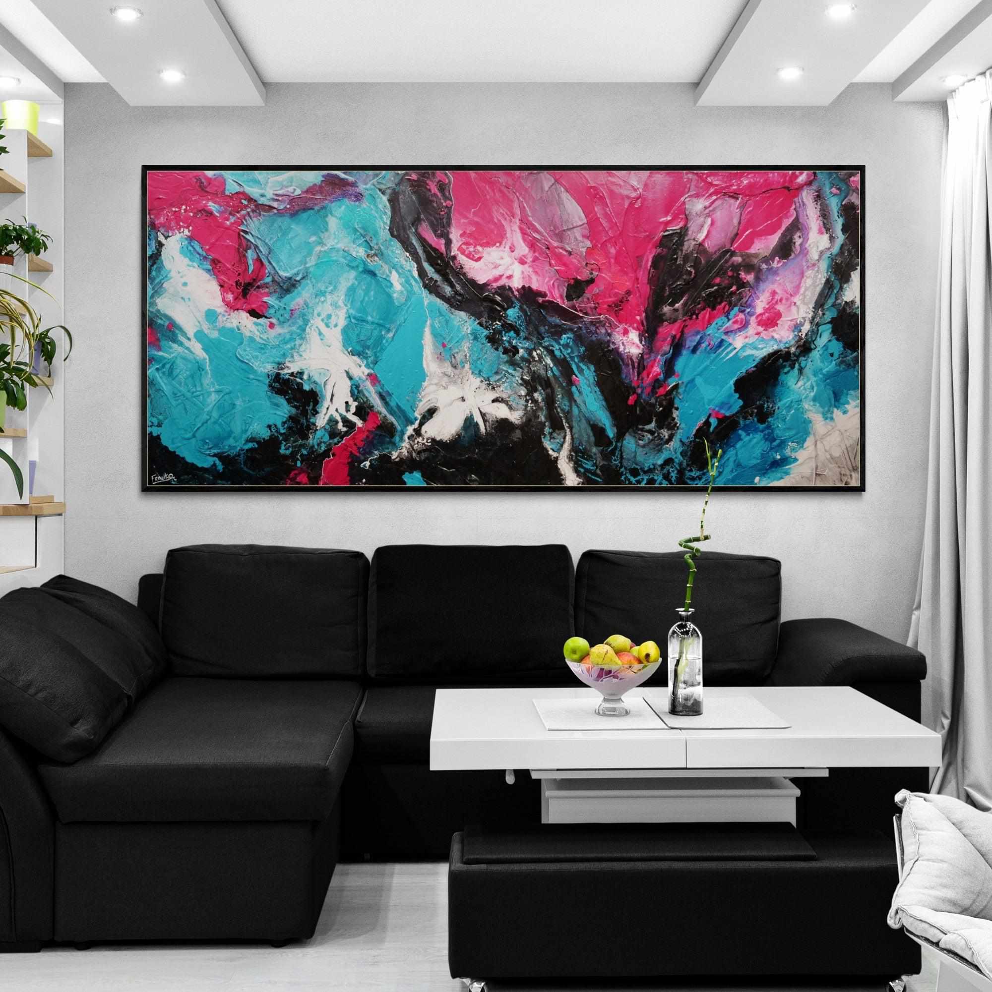 Magic 270cm x 120cm Black Teal Magenta Textured Abstract Canvas Wall Art - Perfect for Living Room, Bedroom & Office Decor