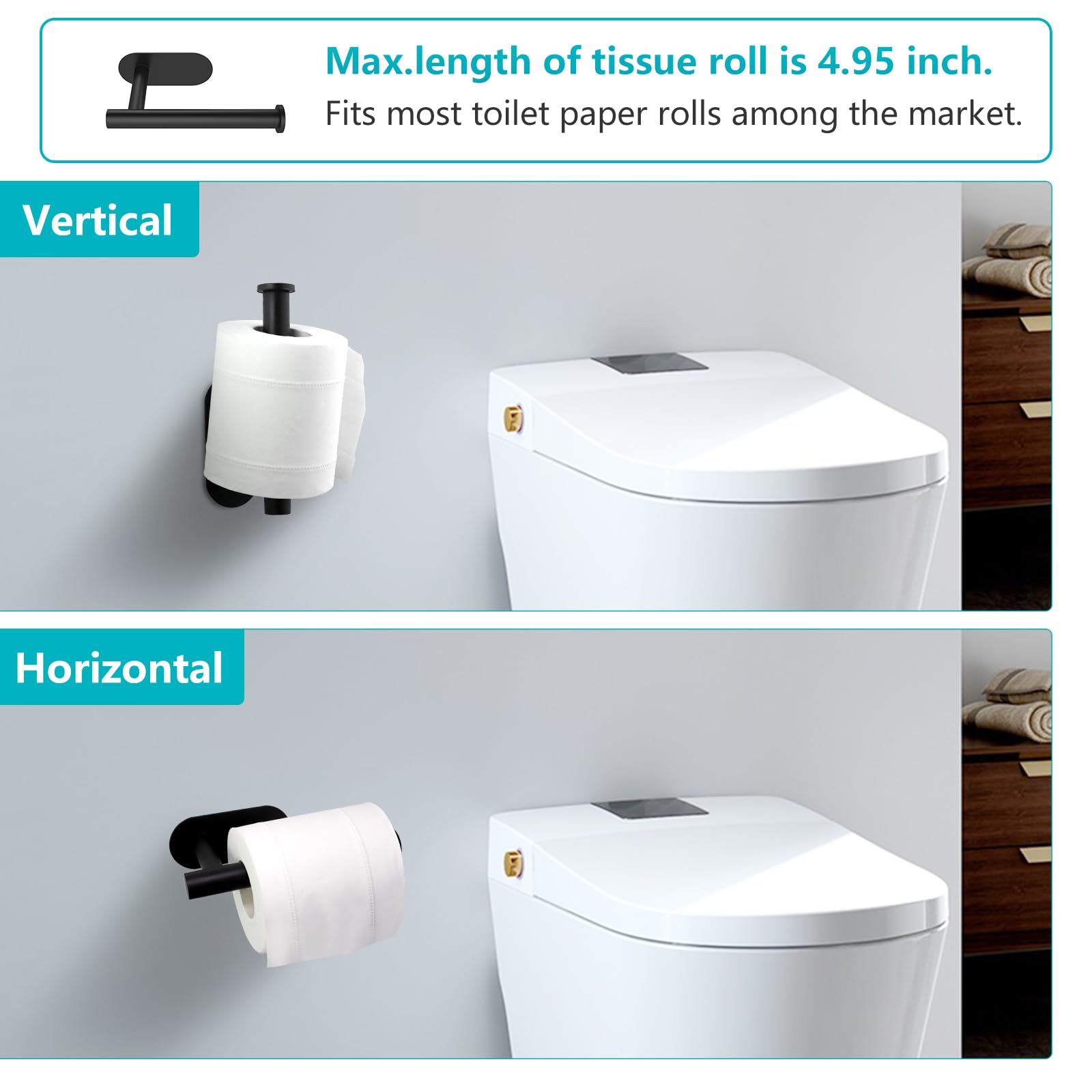VMVN Black Stainless Steel Wall Mount Toilet Paper Holder - Bathroom Tissue Roll Holder with Strong Adhesive - Perfect for Home, Office & RV Use