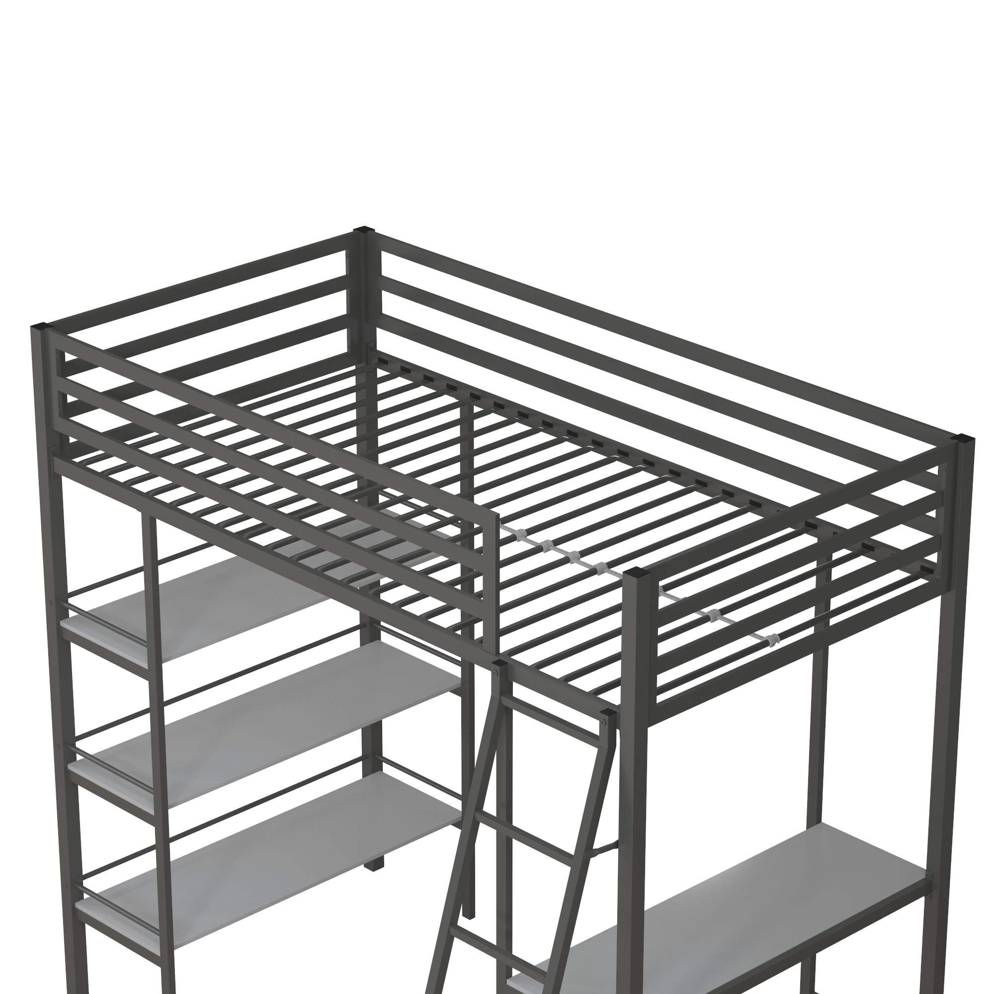 Little Seeds Nova Metal Loft Bed with Shelves - Twin Size Bunk Bed in Gunmetal Gray - Space-Saving Kids Bedroom Furniture for Small Rooms & Dorm Rooms