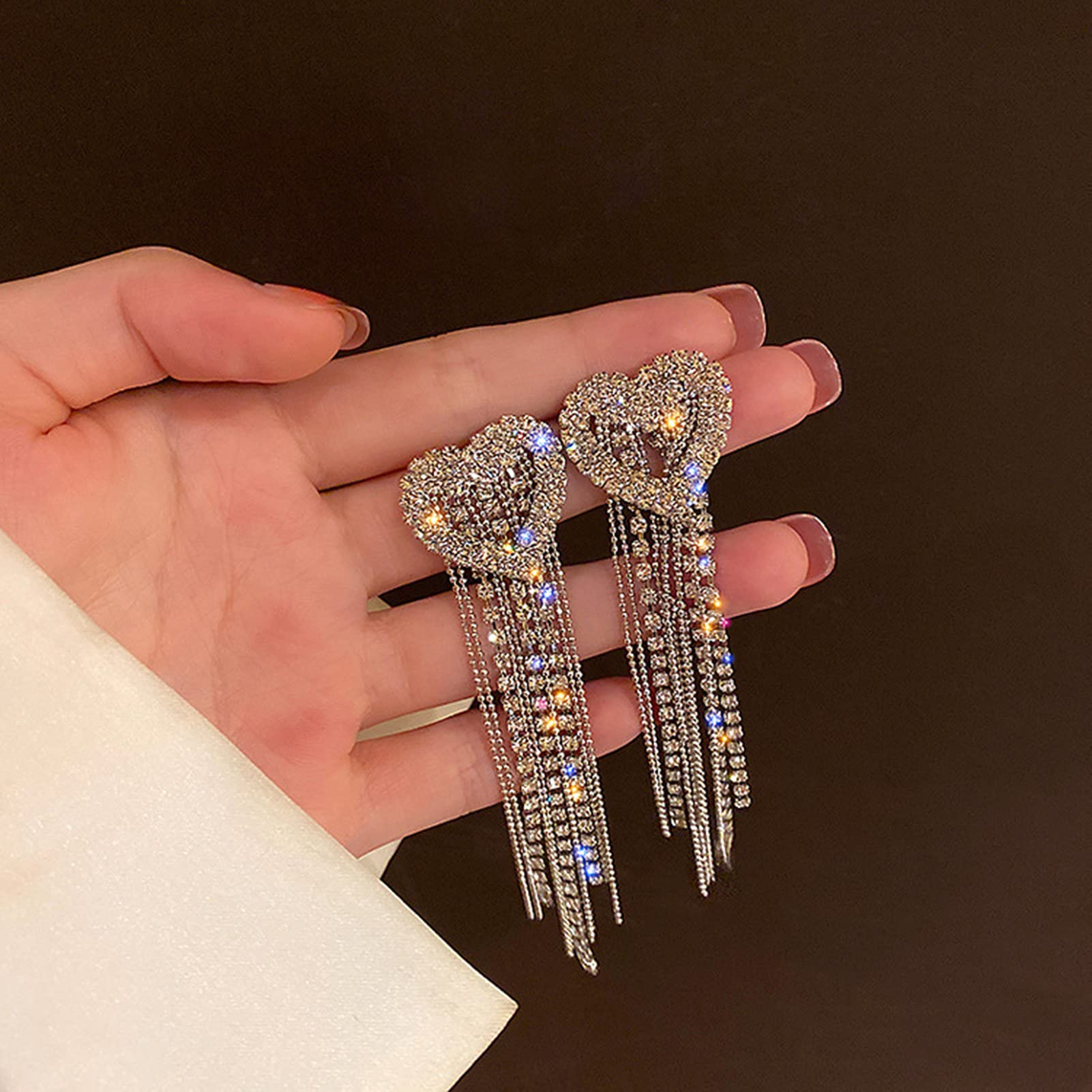 Sparkling Heart Dangle Earrings for Women - Diamond Fashion Jewelry with Rhinestone Tassels, Elegant Silver Stud Earrings for Wedding & Party (8.5cm x 2.2cm) | Perfect for Bridal Accessories, Date Night & Special Occasions