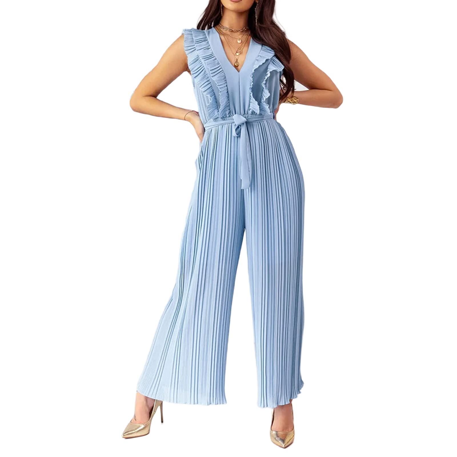 GOOCHEER Women's Ruffle Sleeveless Pleated Belted Wide Leg Jumpsuit - Stylish One Piece Romper Overall Outfit for Casual Wear, Summer Outings & Date Nights
