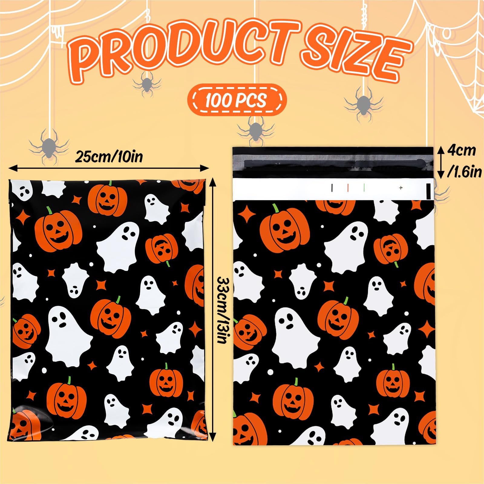 100Pcs 10x13 Inch Halloween Poly Mailers - Self Sealing Ghost Pumpkin Design Shipping Bags for Small Business, Boutique & Clothing | Waterproof Mailing Envelopes for Ecommerce, Party Favors & Gift Wrapping