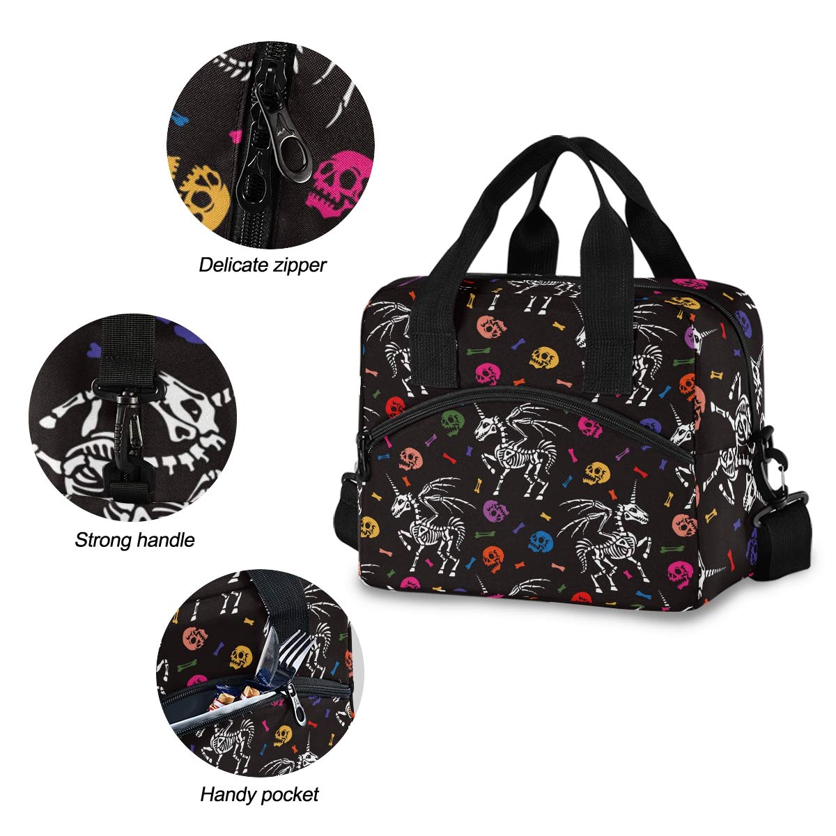 Unicorn Skull Lunch Bag for Women - Gothic Skeleton Insulated Cooler Tote - Durable Leakproof Lunch Box for Office, Work, School & Picnic - Perfect for Halloween, Gothic Style & Everyday Use