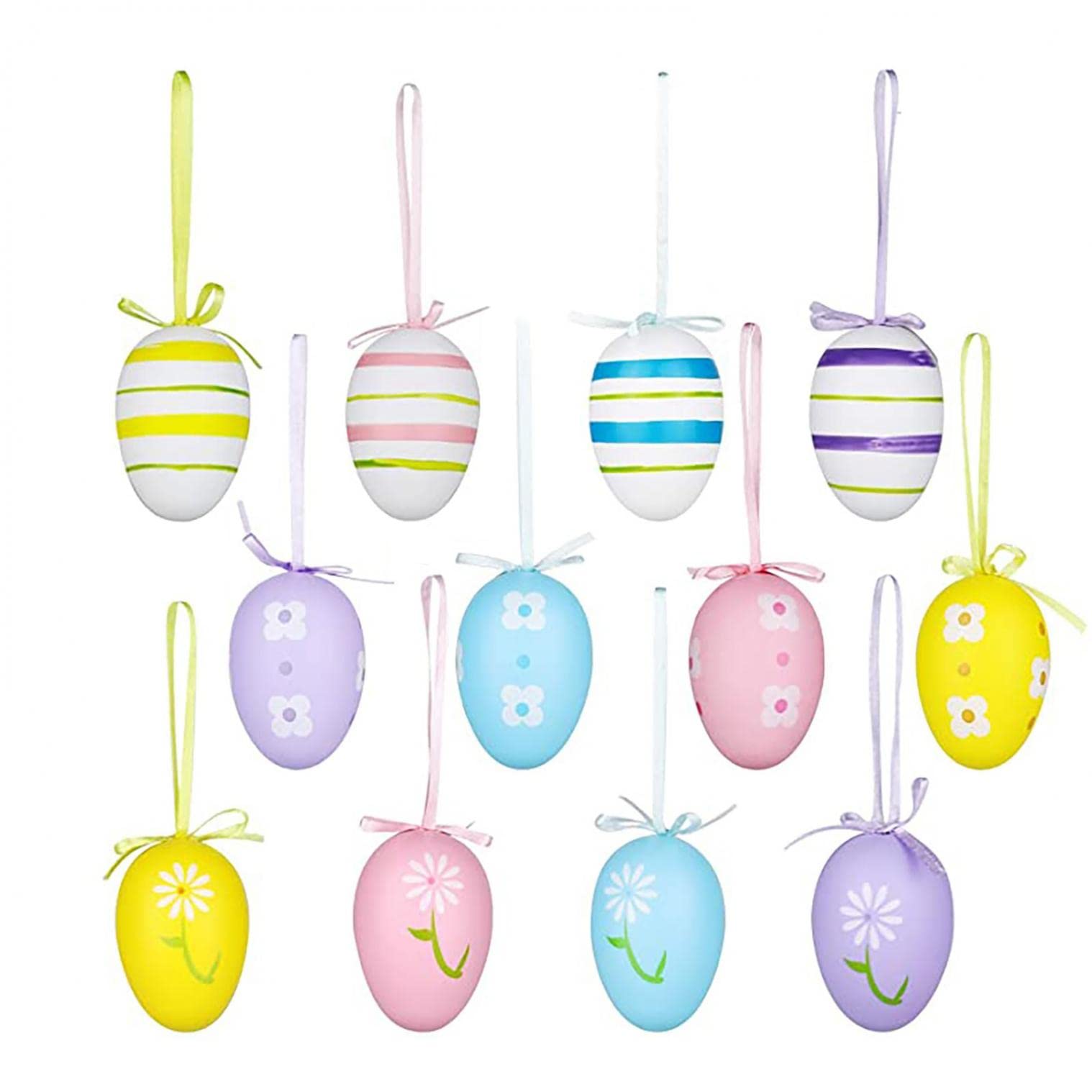 12 Pack Colorful Plastic Easter Eggs for Hanging Decorations - DIY Easter Tree Ornaments with Ropes (1.5
