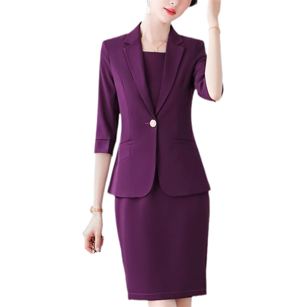 Elegant Purple Women's Business Suit Set - Formal Office Blazer & Dress for Spring Summer | Professional Work Attire & Corporate Events