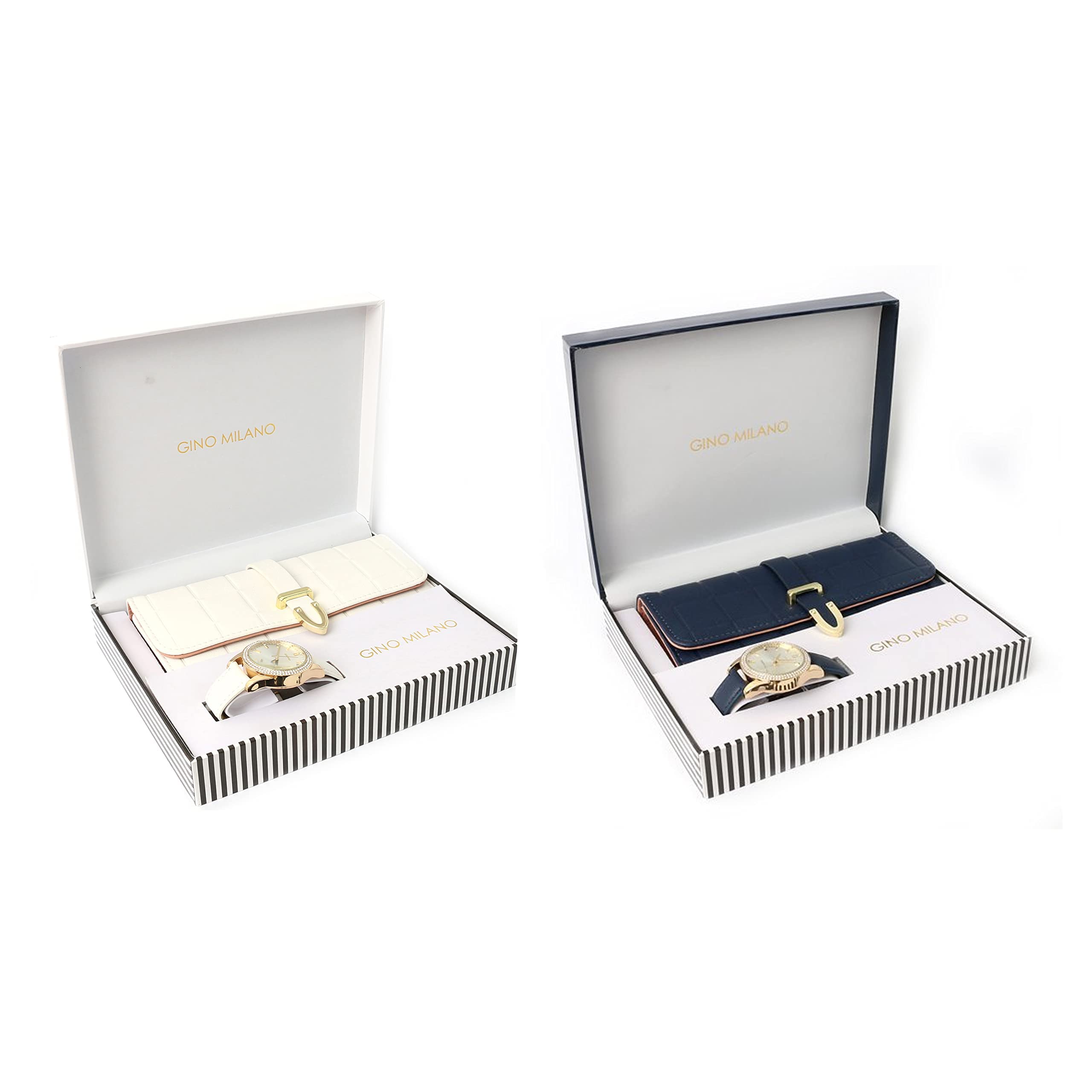 Luxury Women's Gold Leather Band Watch & Matching Tri-Fold Wallet Set - 2-Piece Navy Blue & White Gift Set for Women | Perfect for Everyday Wear, Office & Special Occasions