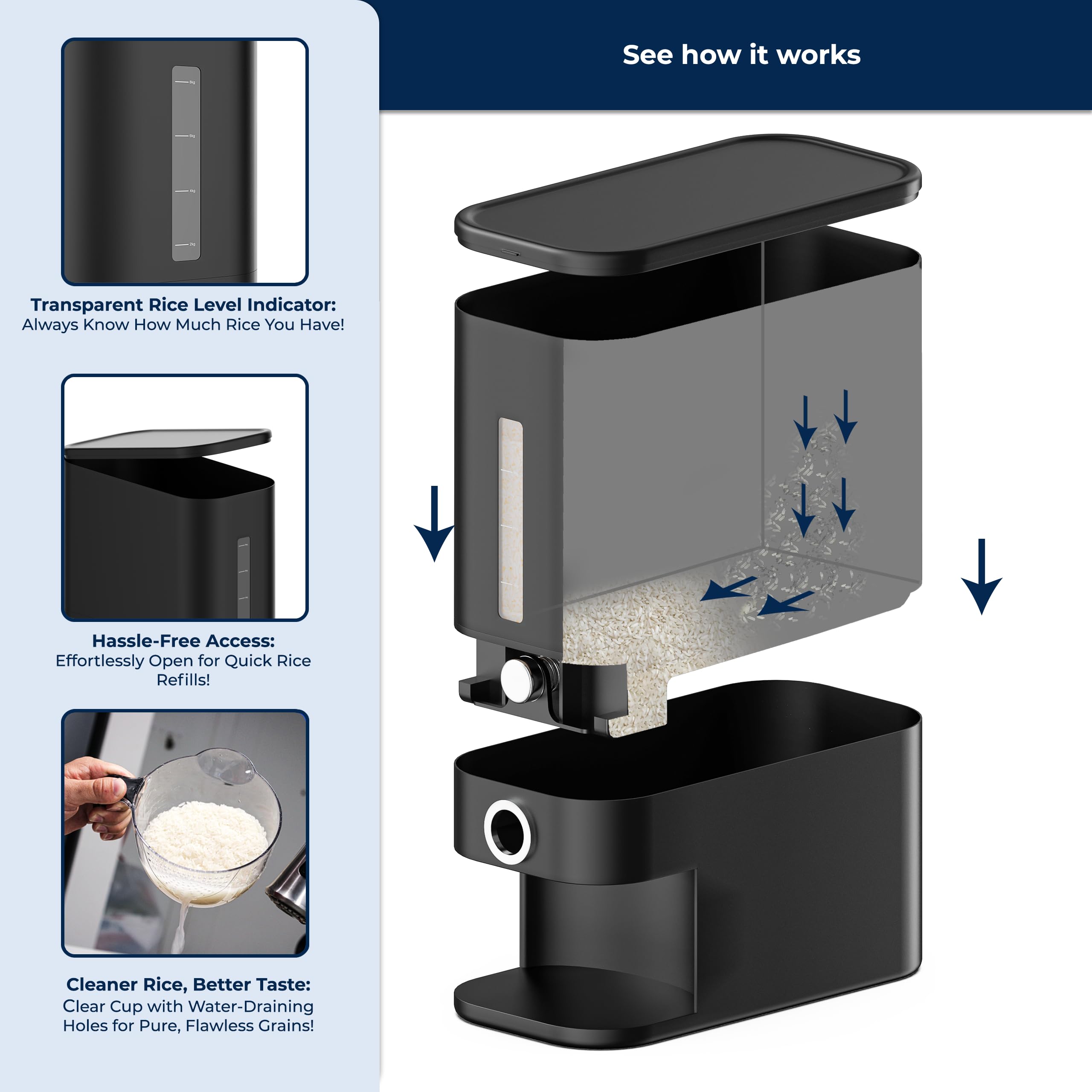 STUZ 25lbs Black Rice Dispenser - BPA-Free Plastic Grain Storage Container with Airtight Lid, Measuring Cup & Cleaning Sponge - Perfect for Kitchen Pantry Organization of Rice, Cereal, Beans, Corn & Dry Food Storage | Ideal for Meal Prep, Bulk Food Storage & Organized Kitchen Spaces