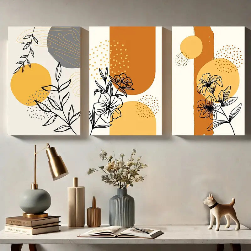 3-Piece Abstract Botanical Line Art Metal Prints with Geometric Shapes - Ready to Hang Wall Decor for Living Room, Bedroom & Office