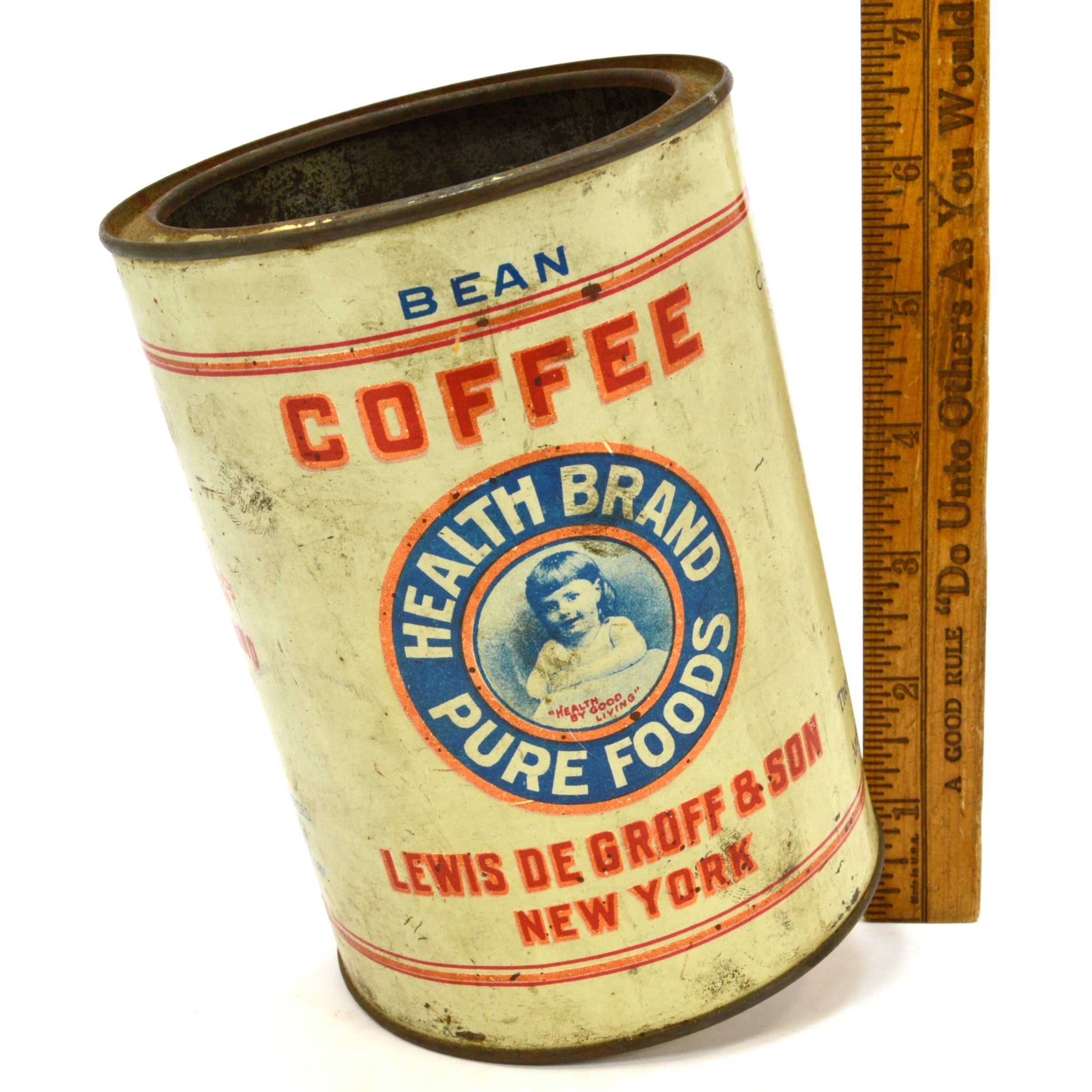 Vintage Lewis DeGroff & Son Pure Foods Bean Coffee Tin - Rare Antique Collectible for Coffee Lovers & Home Decor