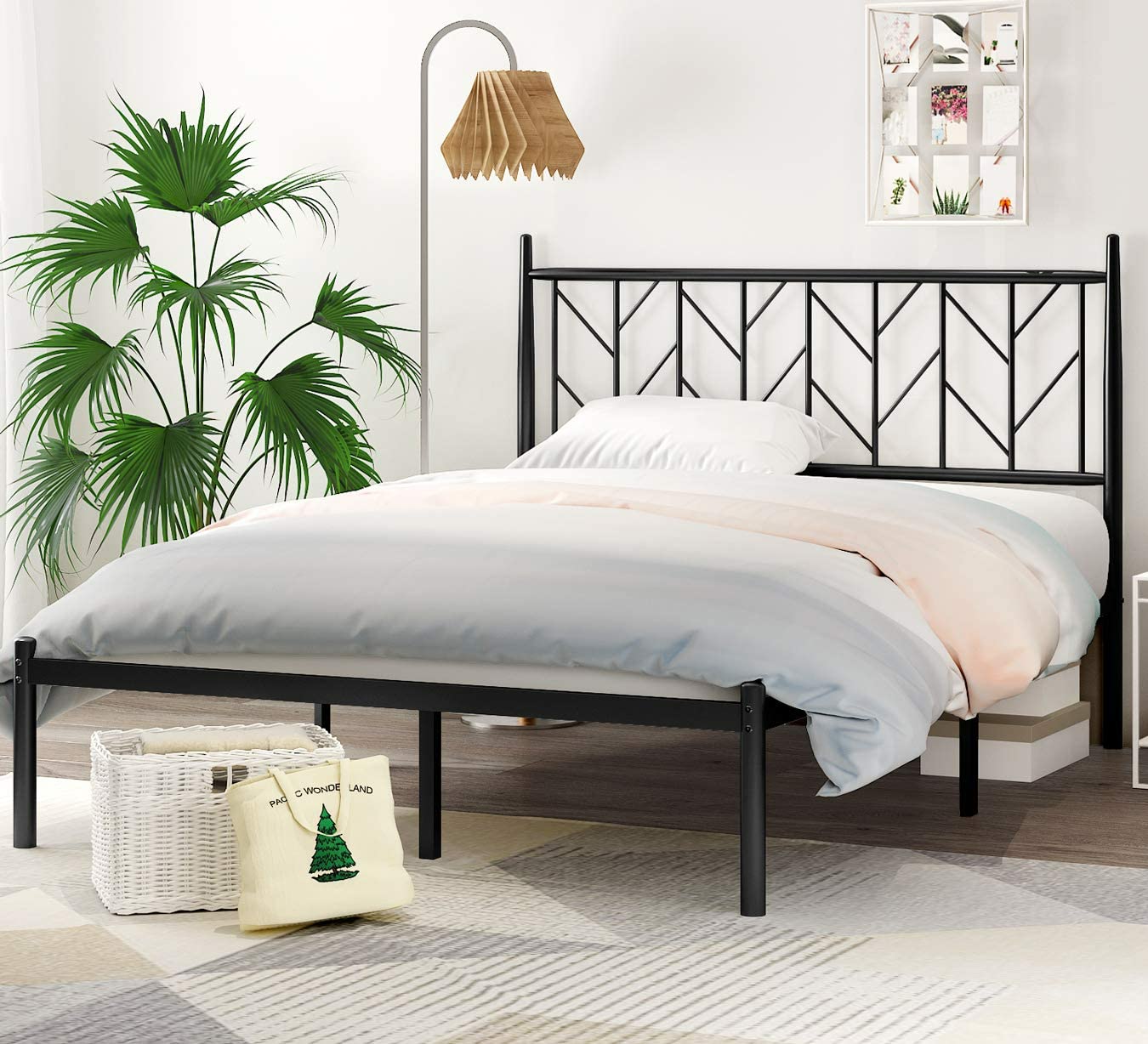 Vintage Full Metal Bed Frame with Heavy Duty Platform - SHA CERLIN Black Steel Bed with Round Posts, 12