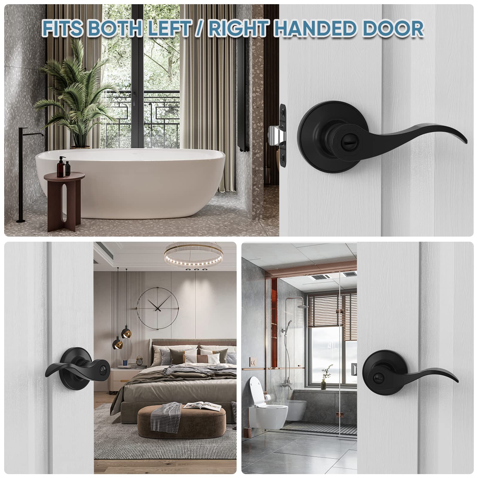 TICONN Traditional Wave Style Reversible Door Lever - Matte Black Interior Door Handles & Closet Knobs (5-Pack, Privacy Function) - Perfect for Bedrooms, Bathrooms, and Home Office Doors