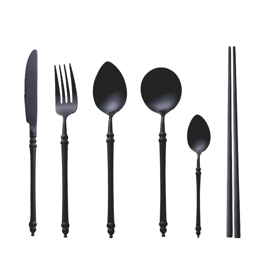 18-Piece Matte Black Silverware Set with Steak Knives - Stainless Steel Flatware Utensils for Dining (Dinnerware, Restaurant, Home Kitchen Use) - Hand Wash Recommended