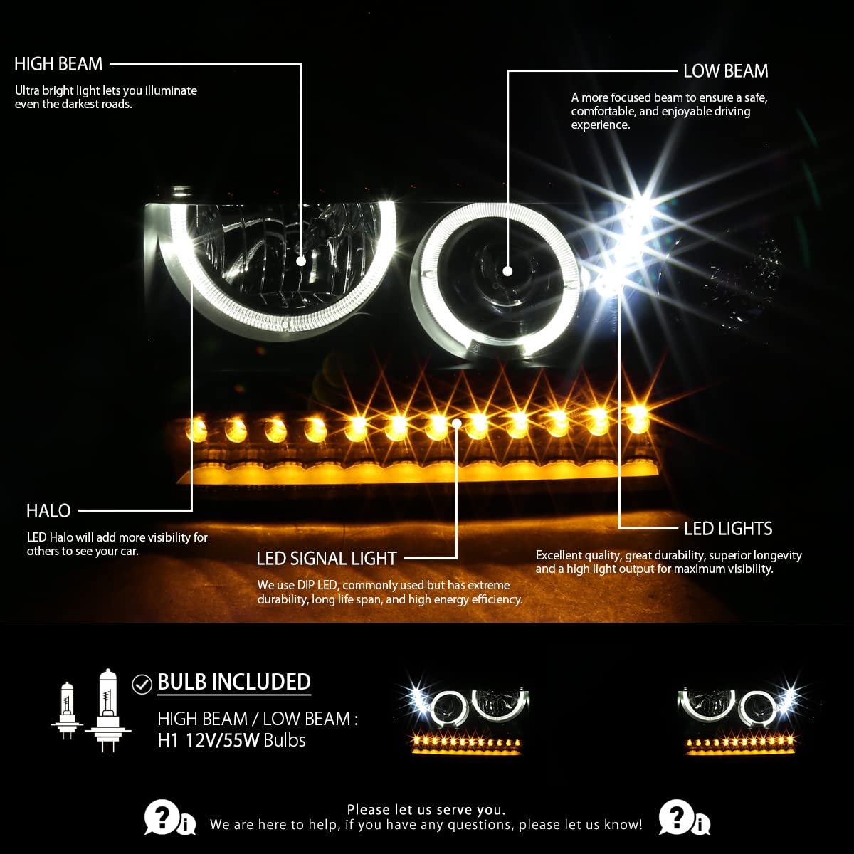 AUTOZENSATION Smoke LED Halo Projector Headlights + LED Bumper Lights - Compatible with 1998-2004 Chevy S10 Pickup & Blazer - Left & Right Pair Headlamp Assembly - Upgrade for Night Driving & Off-Road Adventures