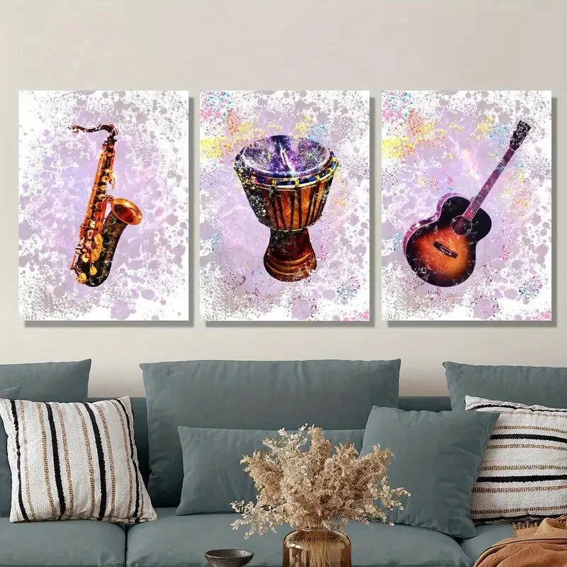 3-Piece Metal Wall Art Prints - Saxophone, Bass Drum, Guitar - Ready to Hang Music Decor for Home, Studio & Office