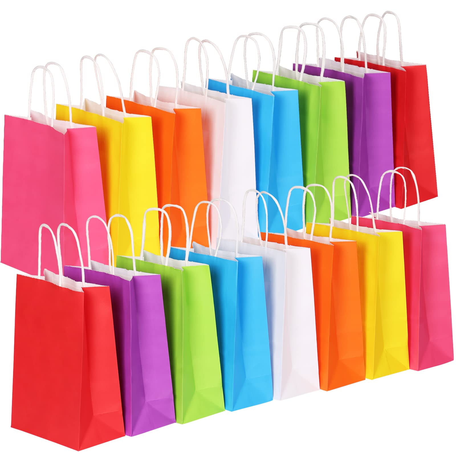 Moretoes 56-Piece Rainbow Kraft Goodie Bags Bulk - 8 Color Party Favor Bags with Handles for Kids Birthday, Wedding, Fiesta & Celebrations - Perfect for Candy, Treats, Small Gifts & Party Favors