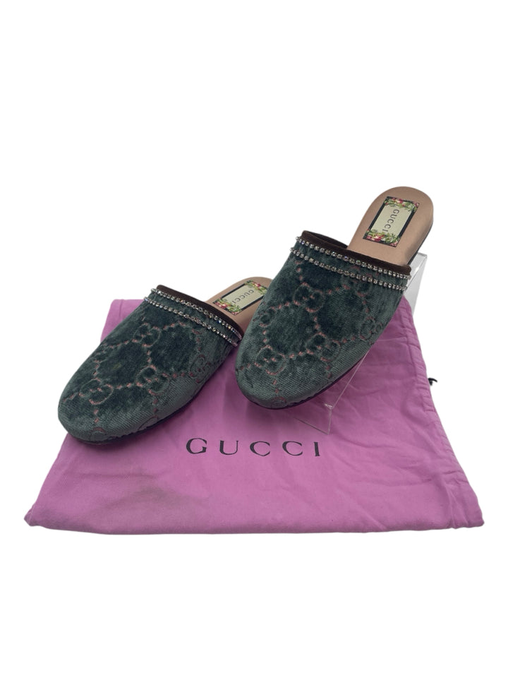 Gucci Velvet GG Monogram Crystal Mules for Women - Size 37 (US 7) - Luxury Designer House Slippers for Home, Parties & Special Occasions