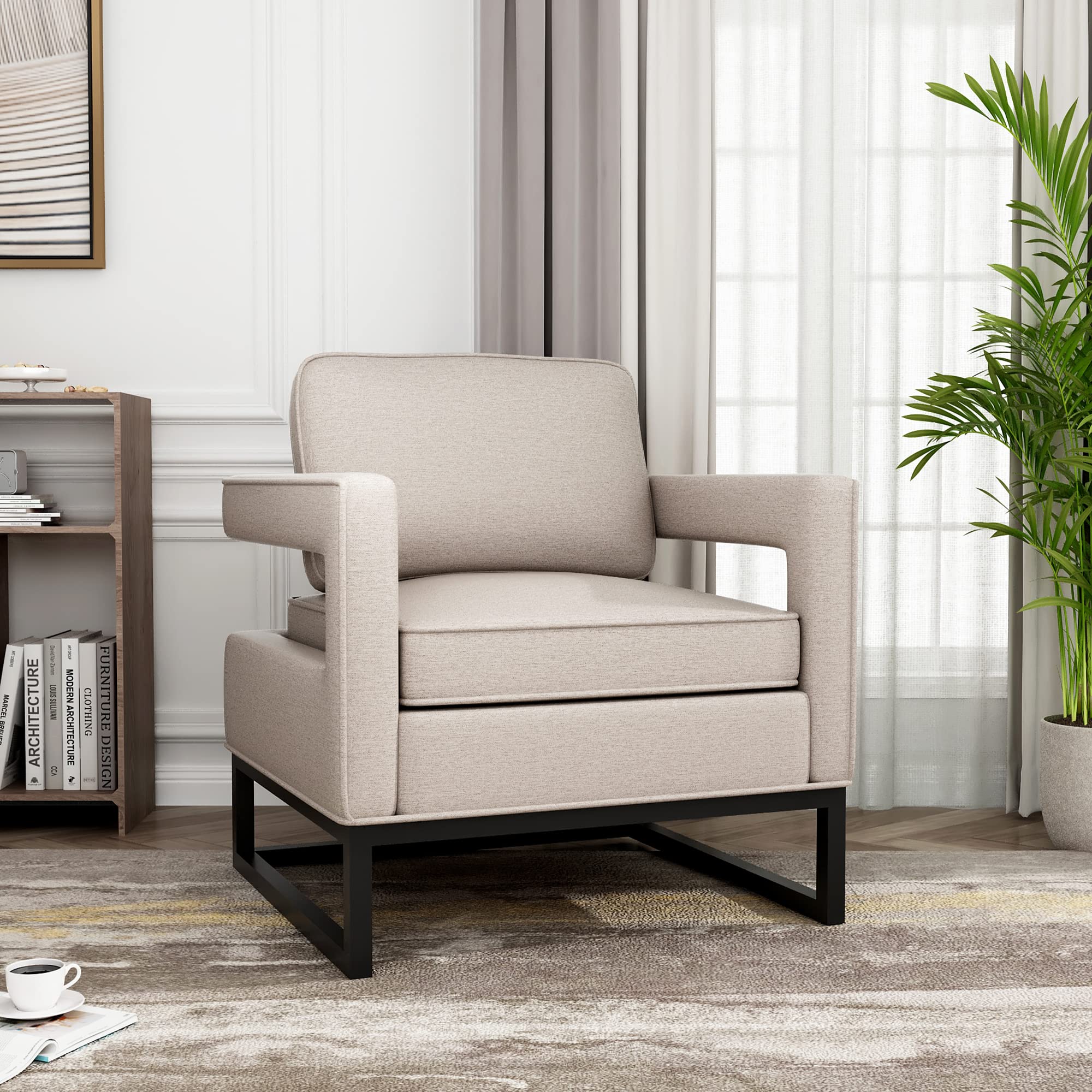 Modern Accent Chair Mid Century Armchair with Removable Cushion - Upholstered Lounge Chair for Living Room, Bedroom & Reception - Beige - Perfect for Relaxing, Reading or Adding Stylish Seating to Any Space