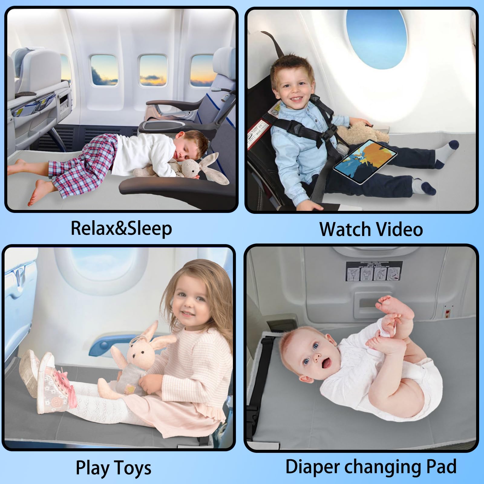 FOTN Toddler Airplane Bed - Portable Kids Travel Seat Extender & Footrest for Safe Baby Sleep on Flights | Essential Airplane Bed for Infants & Long Trips | Perfect for Family Vacations & Overnight Travel (Grey)