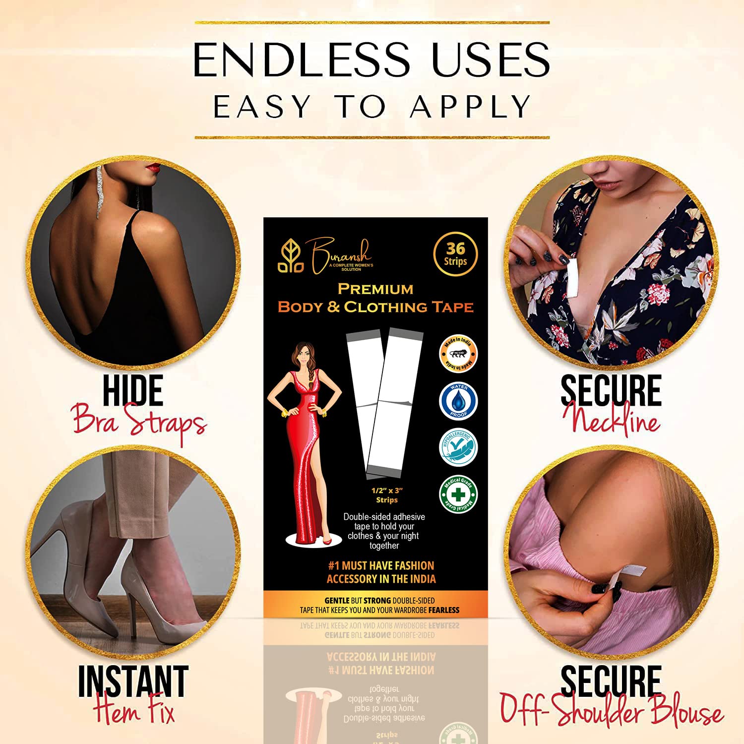 Buransh Double Sided Body Tape for Women - Strong & Clear Fashion Tape for All Skin Tones & Fabrics - Perfect for Dresses, Strapless Tops & Wardrobe Fixes