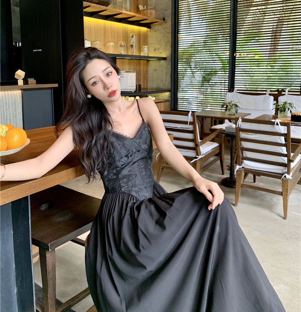 French Style Black Spaghetti Strap Dress - High Waist Retro Long Skirt for Women | Elegant Evening Wear, Summer Party Dress, Vintage Fashion Outfit