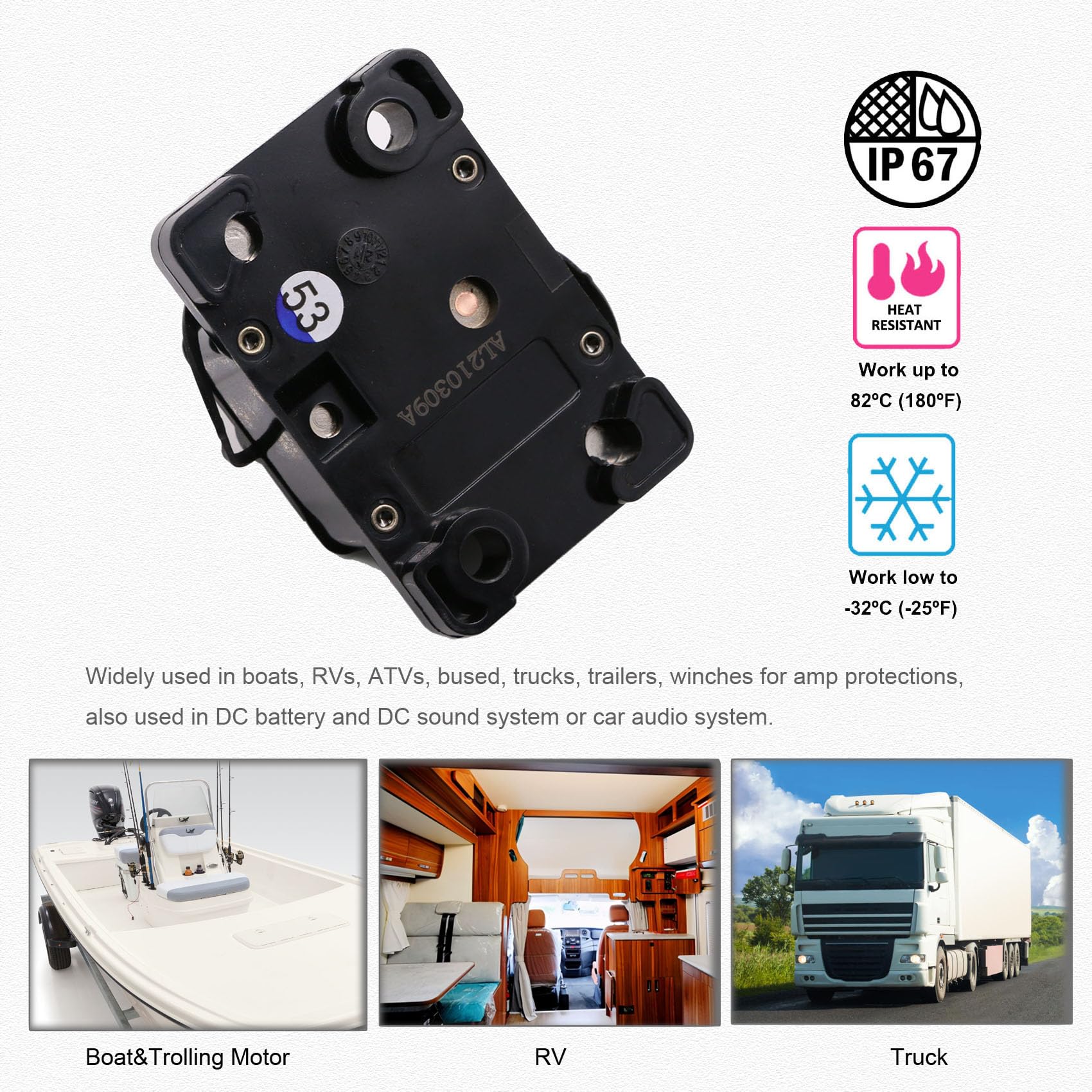70A Surface-Mount Circuit Breaker with Manual Reset - 12V-48V DC Waterproof IP67 Protection for Marine, RV, Solar Systems & Car Audio (Perfect for Trolling Motors, Boat Batteries & Off-Grid Power)