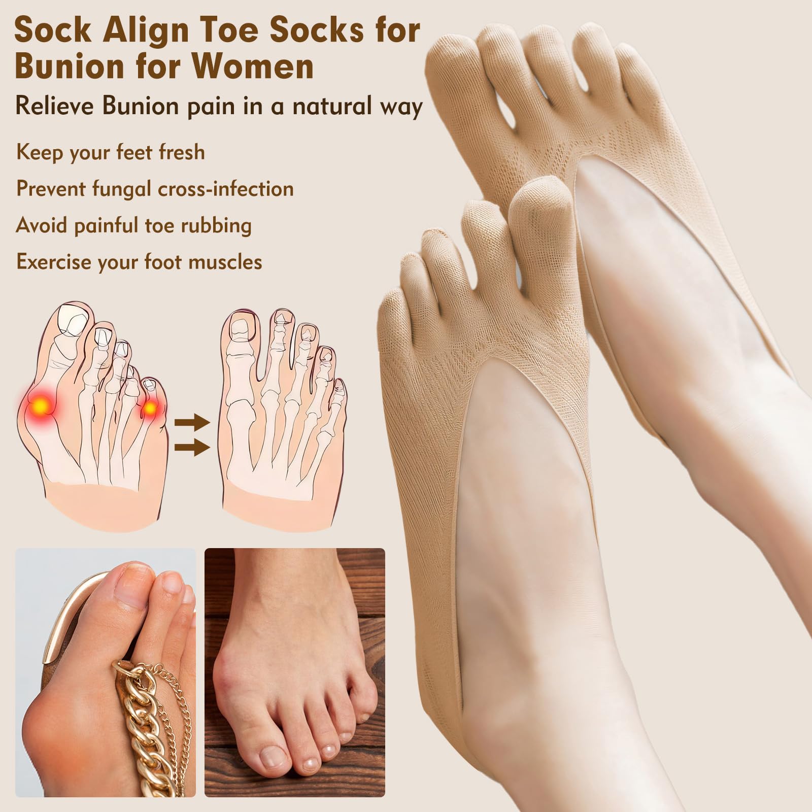 5 Pairs Women's Toe Socks for Bunions Relief - Breathable No Show Toe Separator Socks with Compression Support - Perfect for Yoga, Running, and Everyday Comfort