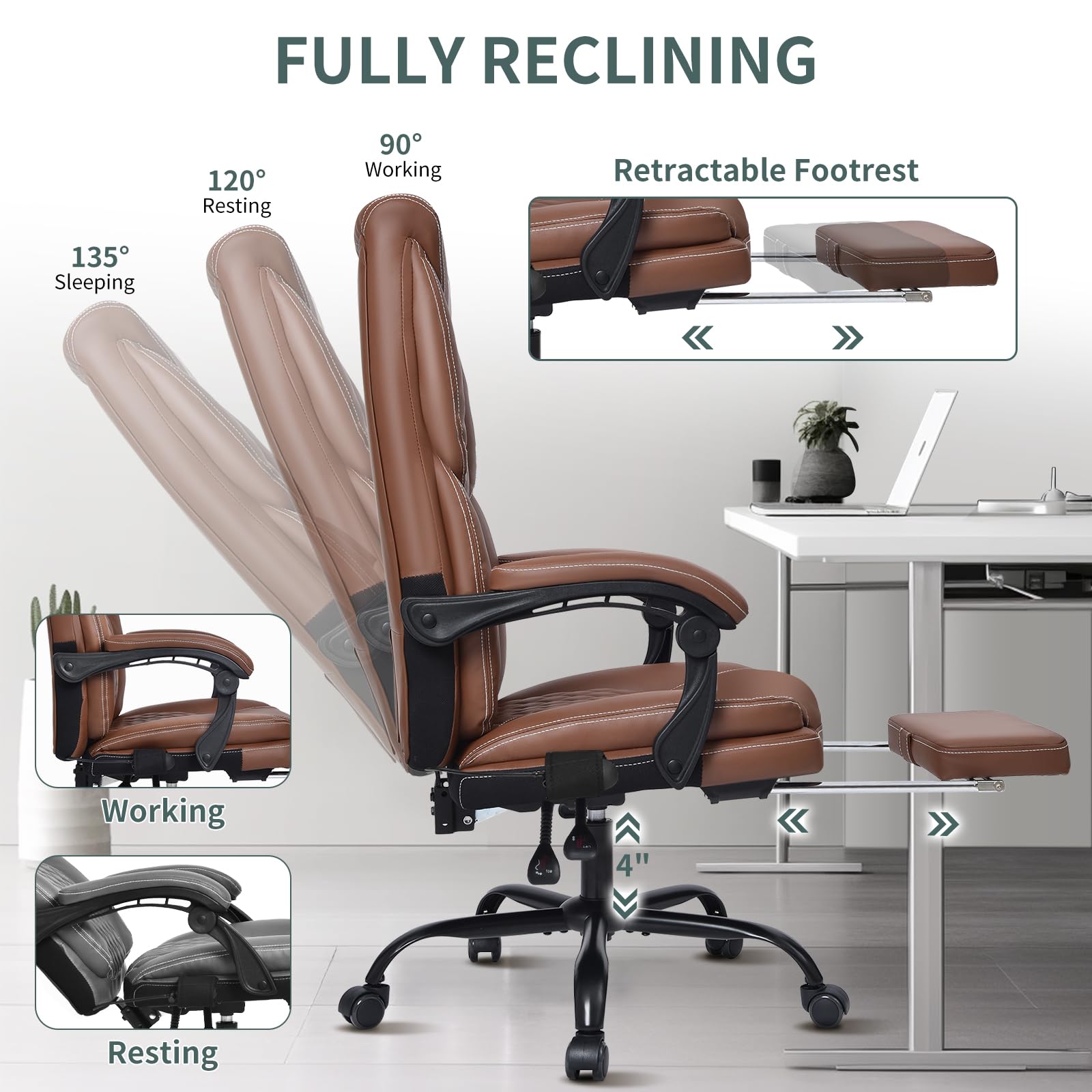Big and Tall Ergonomic Office Chair with Footrest - High Back Reclining Leather Computer Gaming Chair with Lumbar Support for Home & Office (Brown) | Perfect for Long Work Hours, Gaming Sessions & Remote Work Comfort