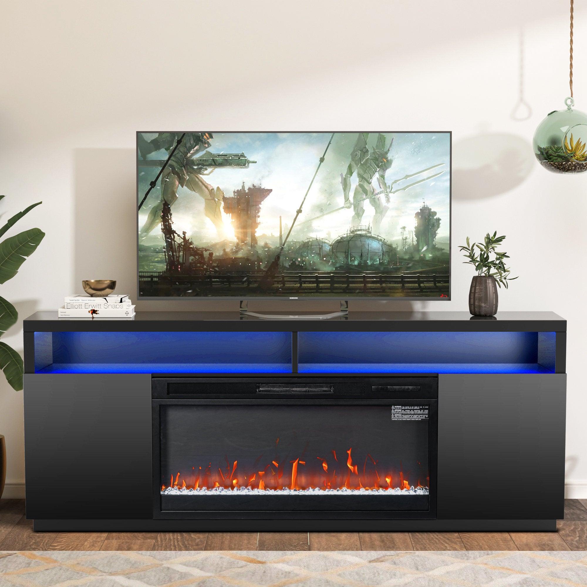 Modern 68-Inch LED TV Stand with 36-Inch Insert Opening & Electric Fireplace - Black or White - Perfect for Living Room Home Theater & Cozy Winter Nights